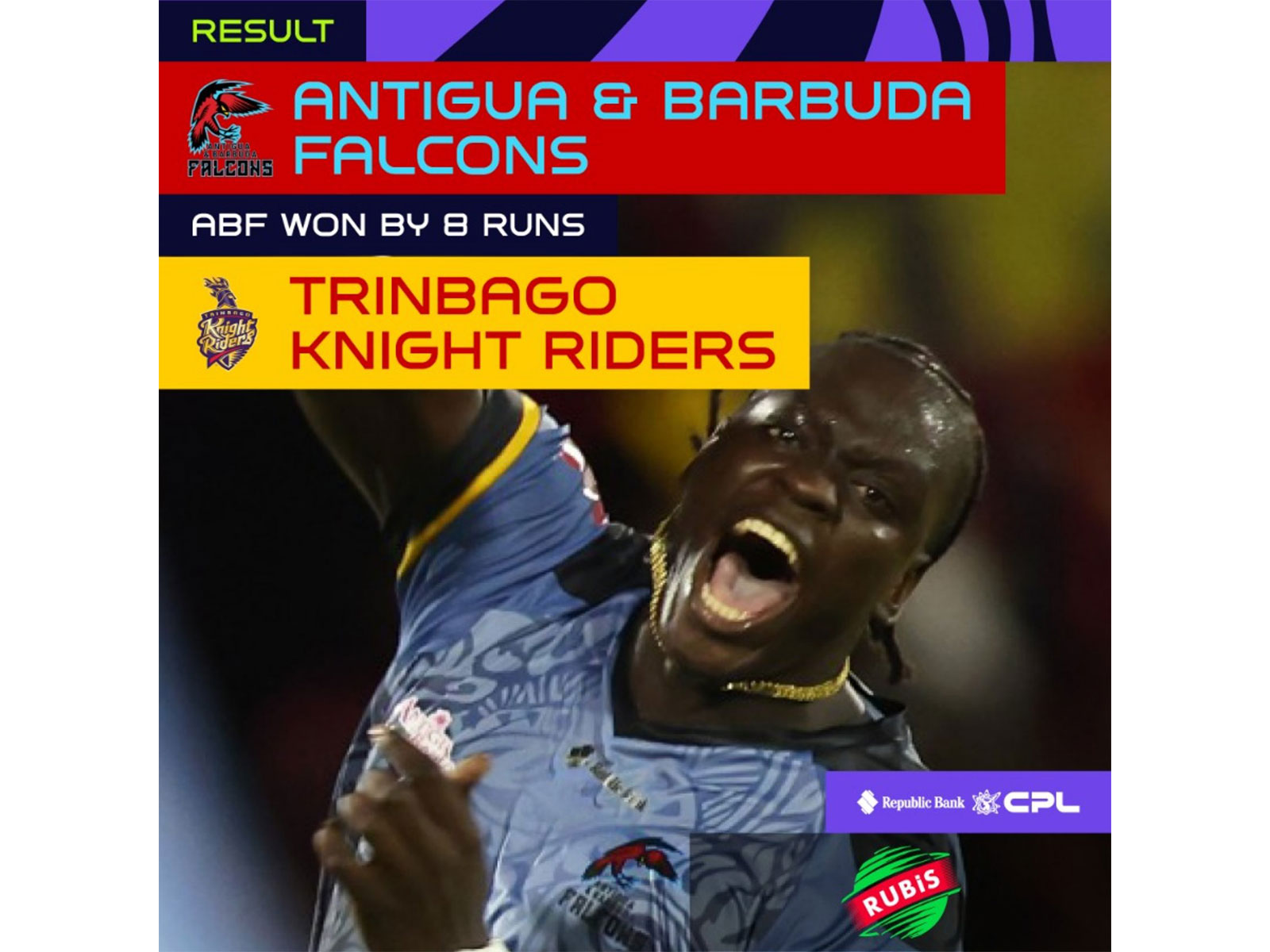 Antigua and Barbuda Falcons beat Trinbago Knight Riders by eight runs (Photo/X@CPL)