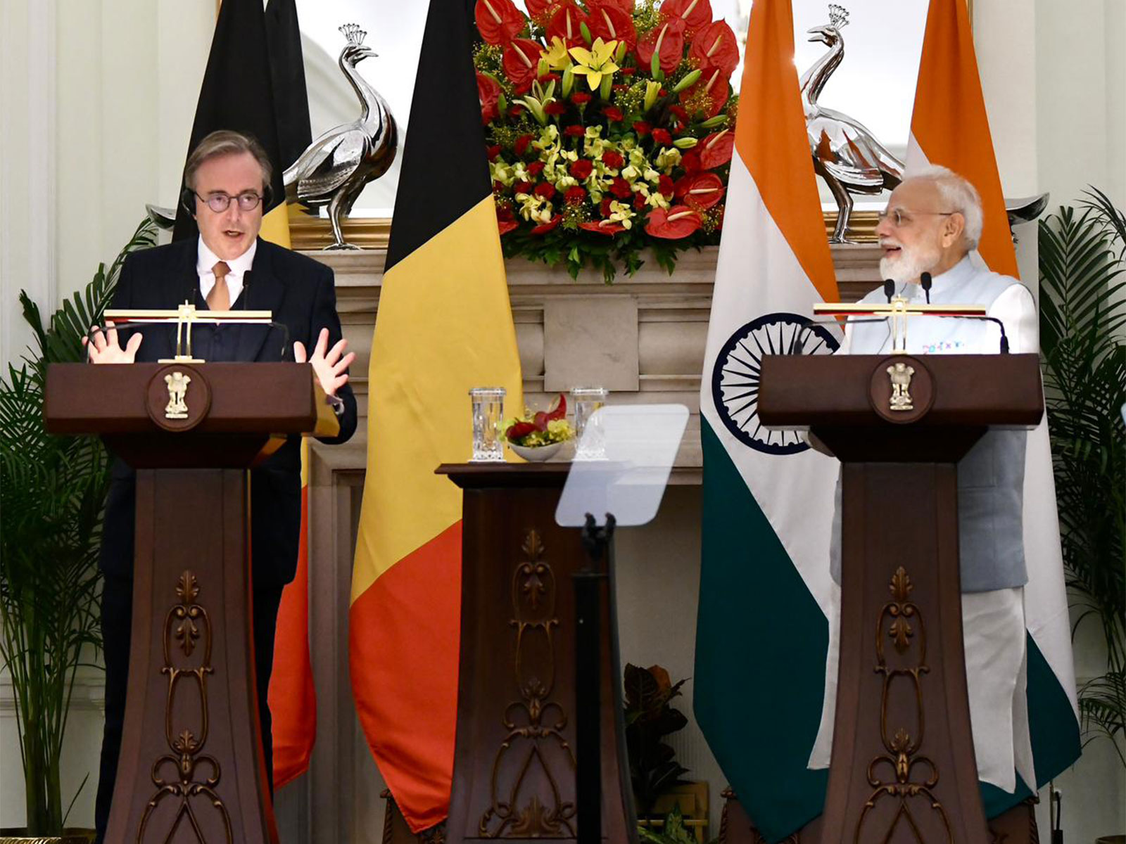 Belgian Prime Minister Bart De Wever and Prime Minister Narendra Modi address a joint press conference in New Delhi following their bilateral meeting. (Photo/ANI)