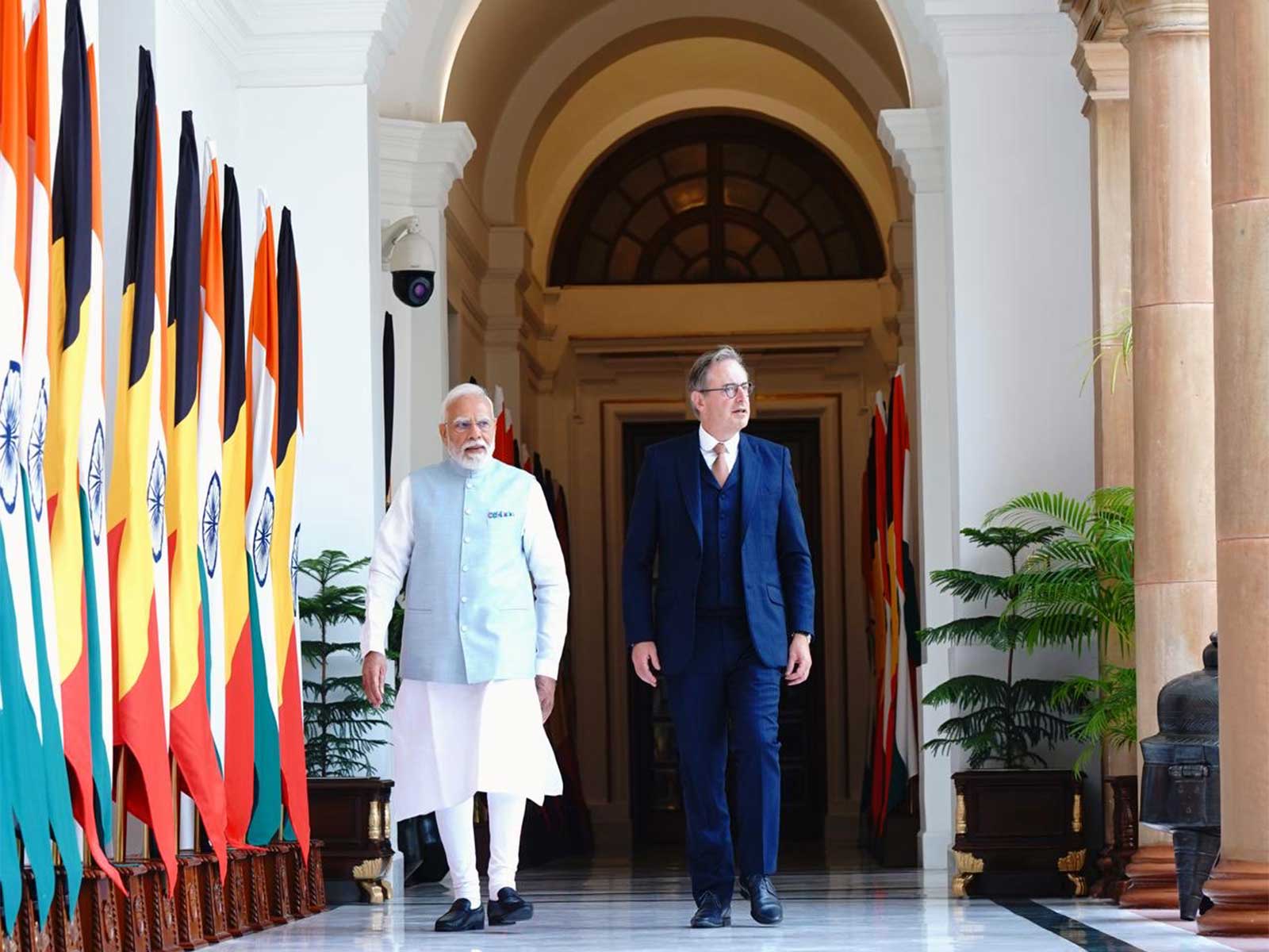 Prime Minister Narendra Modi and his Belgian counterpart Bart De Wever at Hyderabad House in New Delhi. (Photo: X/@MEAIndia)