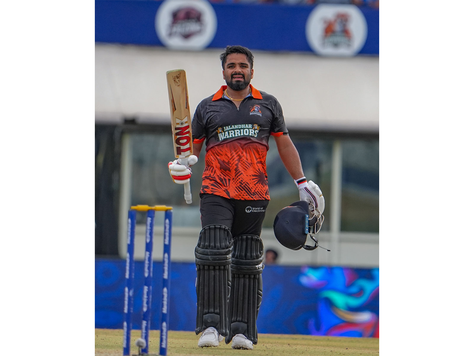 Jalandhar Warriors' captain Prabhsimran Singh celebrates after scoring century in Sher-e-Punjab T20 League (Image: Sher-e-Punjab T20 League)