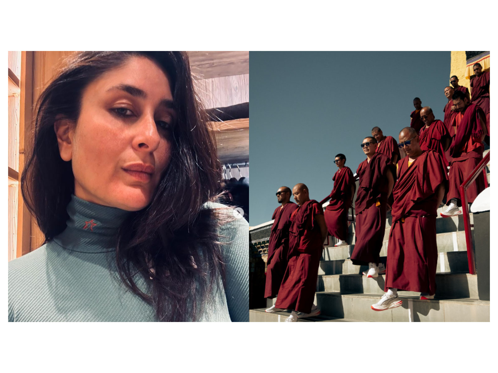 Kareena Kapoor (L), Picture featuring monks in running shoes (R) (Photo/instagram/@kareenakapoorkhan/pumaindia)