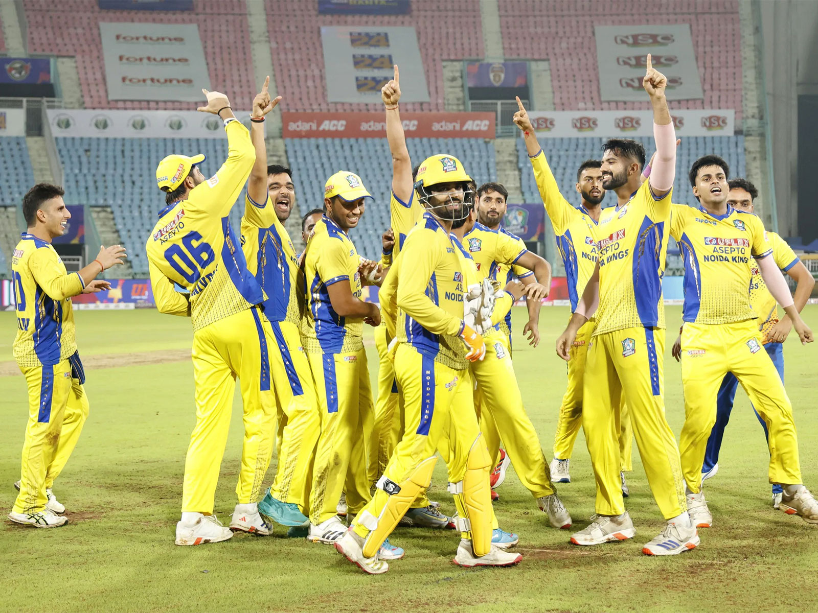 Noida Kings players celebrating their win over Kashi Rudras in UPT20 League 2026 Eliminator. (Photo: UPT20 League)