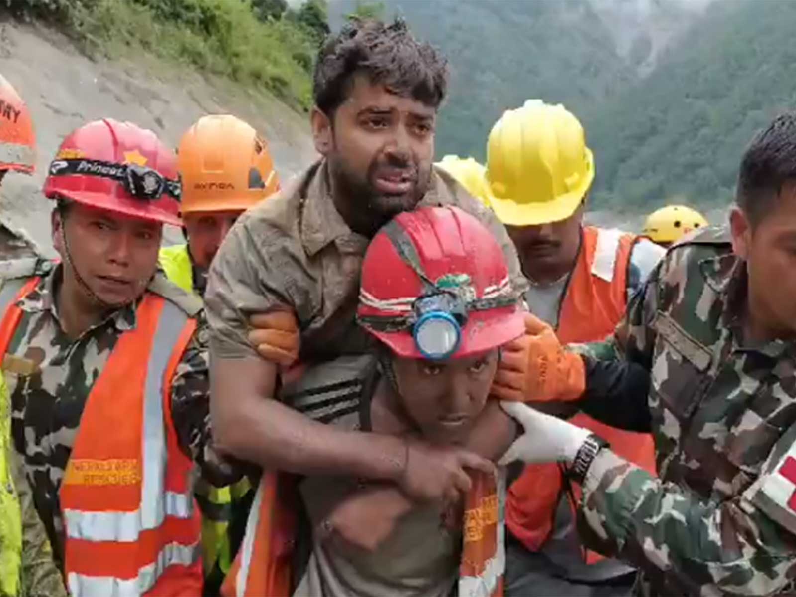 Rescue workers rescue one person from inside the tunnel of the Trishuli 3A hydel project (Photo/Nepalese Army)