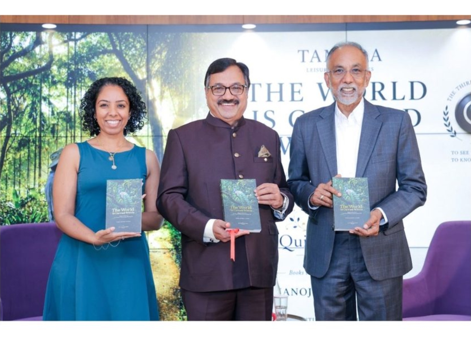 Ms Shruti Shibulal. Mr Manoj Mathew V M Author The World Is Carried Within and Mr S.D. Shibulal, Chairman, Tamara Leisure Experiences and Co-Founder, Infosys.