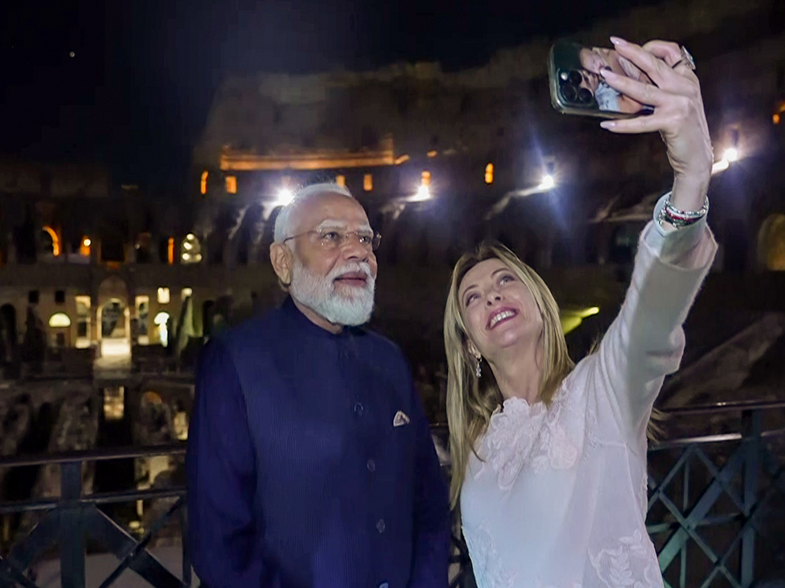 Prime Minister Narendra Modi and Italian Prime Minister Giorgia Meloni pose for a selfie as they visit the iconic Colosseum (Photo/ANI)
