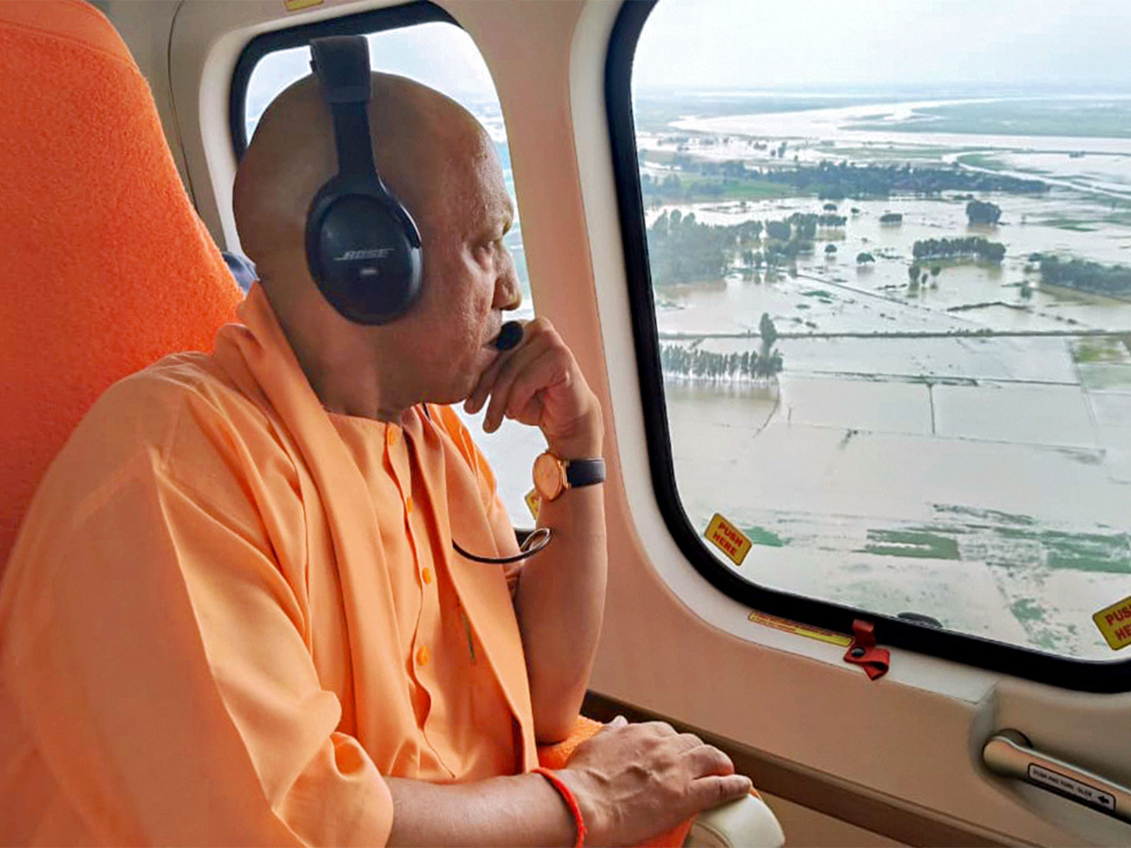 CM Yogi conducts an aerial survey of flood-hit areas in Farrukhabad on Thursday (Photo: ANI)
