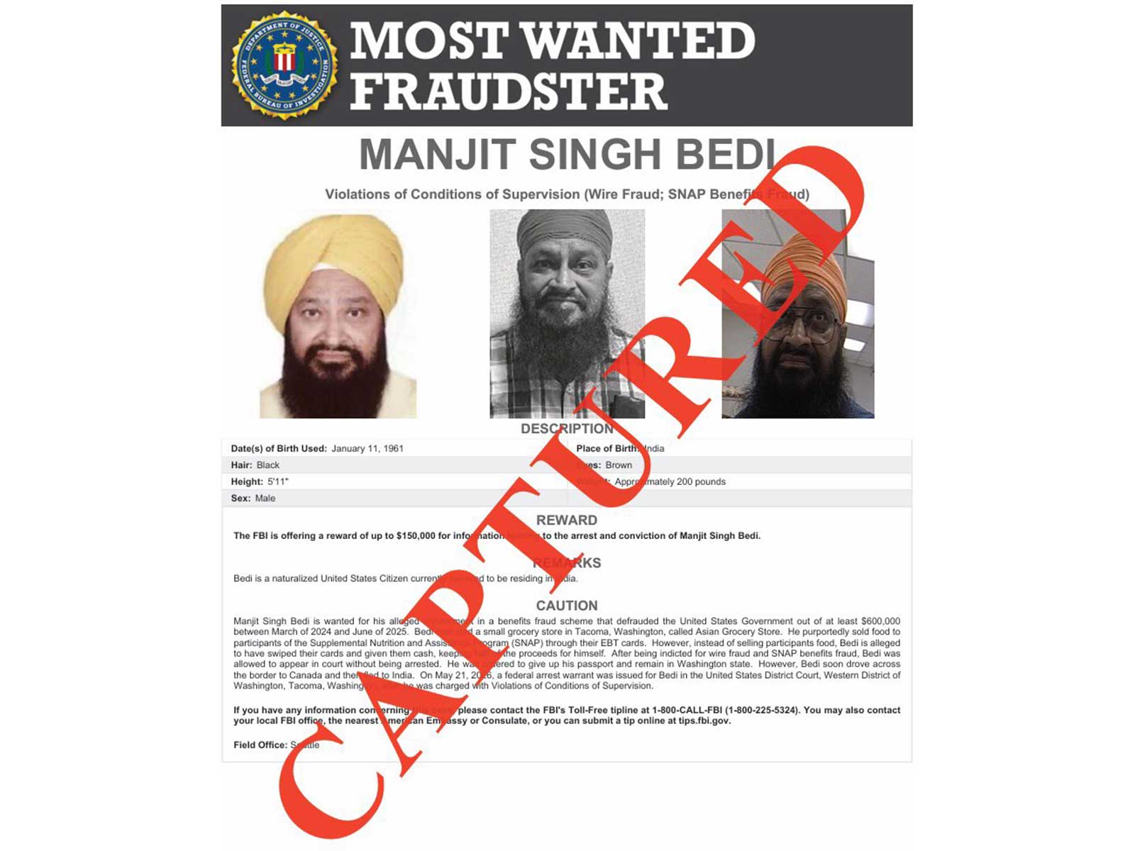 FBI announces arrest of "5th Most Wanted Fraudster" Manjit Singh Bedi in India (Photo/X@FBIDirectorKash)