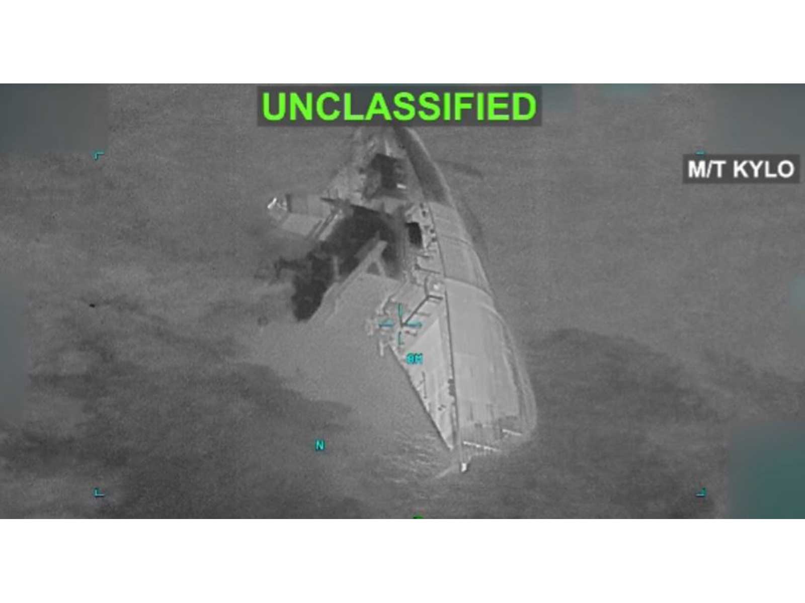 A screengrab from a video released by US Central Command showing the Iranian oil tanker M/T Kylo engulfed in flames before sinking in the Gulf of Oman. (Photo: X/@CENTCOM)