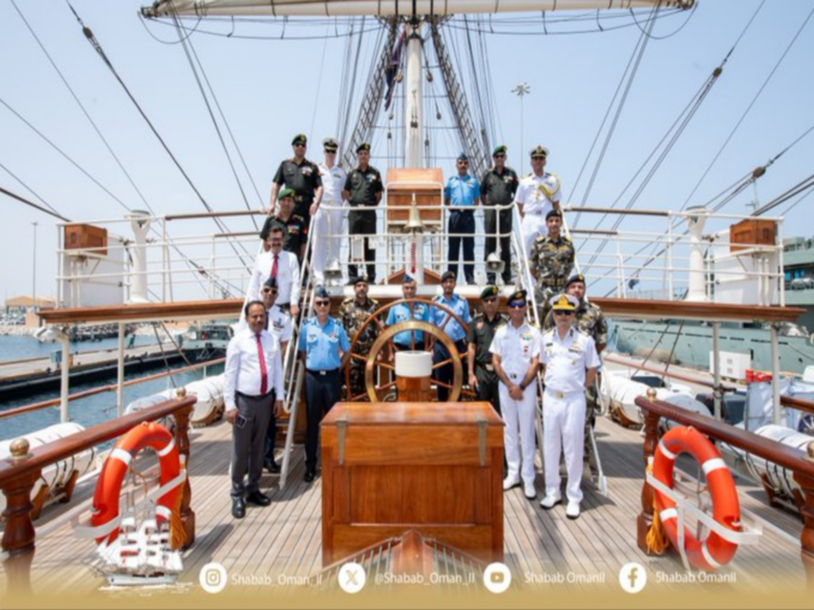 Members of the Indian NDC delegation and Omani officials aboard the Shabab Oman II vessel during the delegation’s visit to Oman. (Photo: X/@Indemb_Muscat)