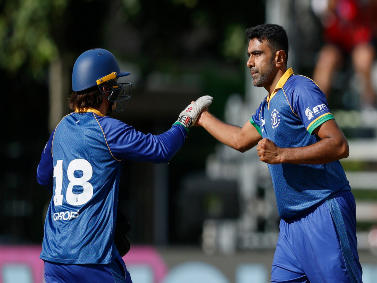 Ravichandran Ashwin of Dublin Guardians celebrates the wicket of Tim David of Amsterdam Flames (Photo: ETPL)
