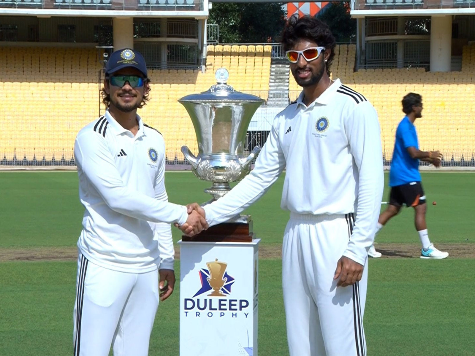 East Zone captain Ishan Kishan (L) with South Zone captain Tilak Varma on Day 1 of Duleep Trophy final (Photo: X/ @BCCIdomestic)