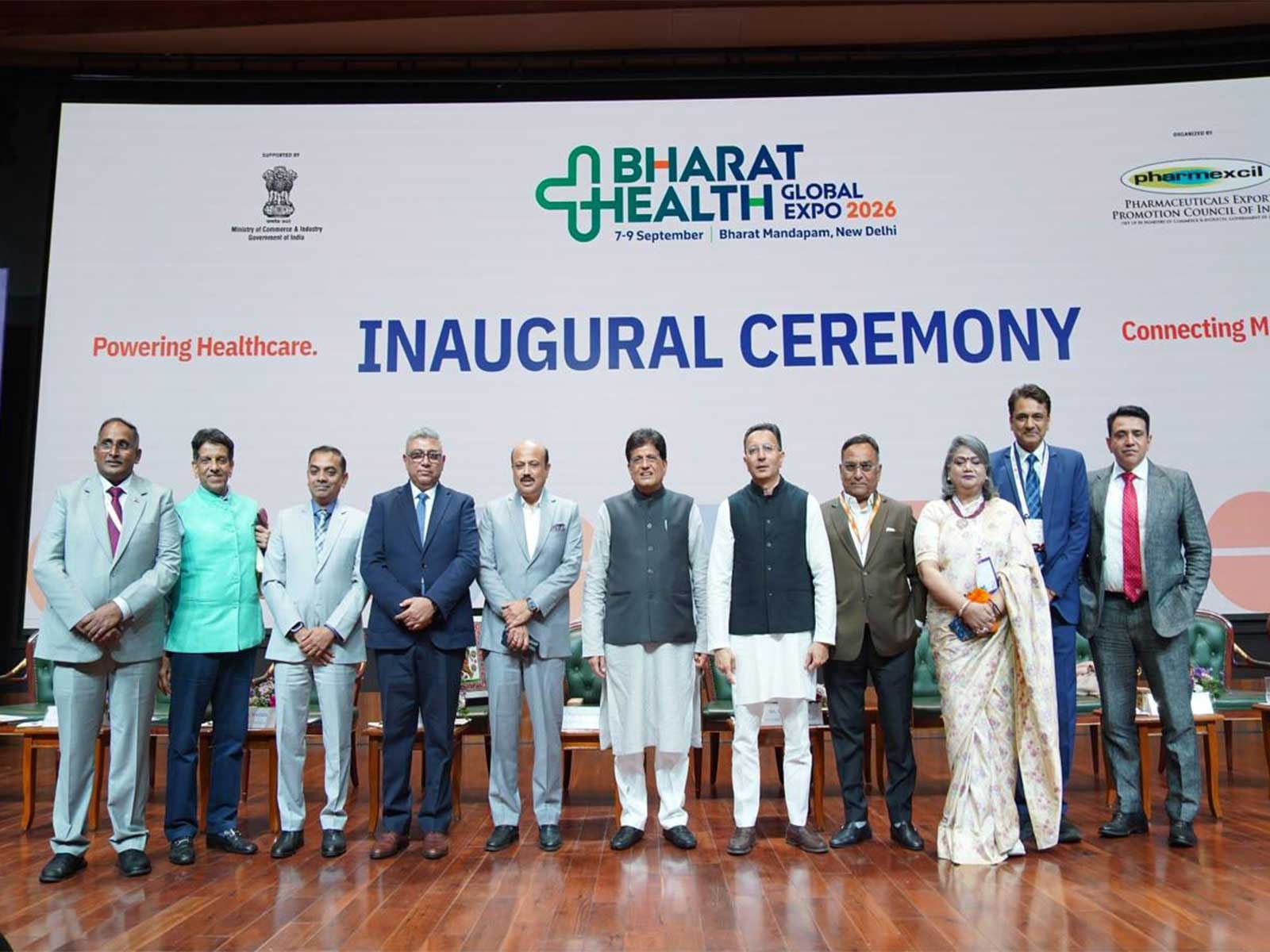 Union Minister Piyush Goyal along with other dignitaries at the Bharat Health Global Expo 2026 (Photo/ANI)