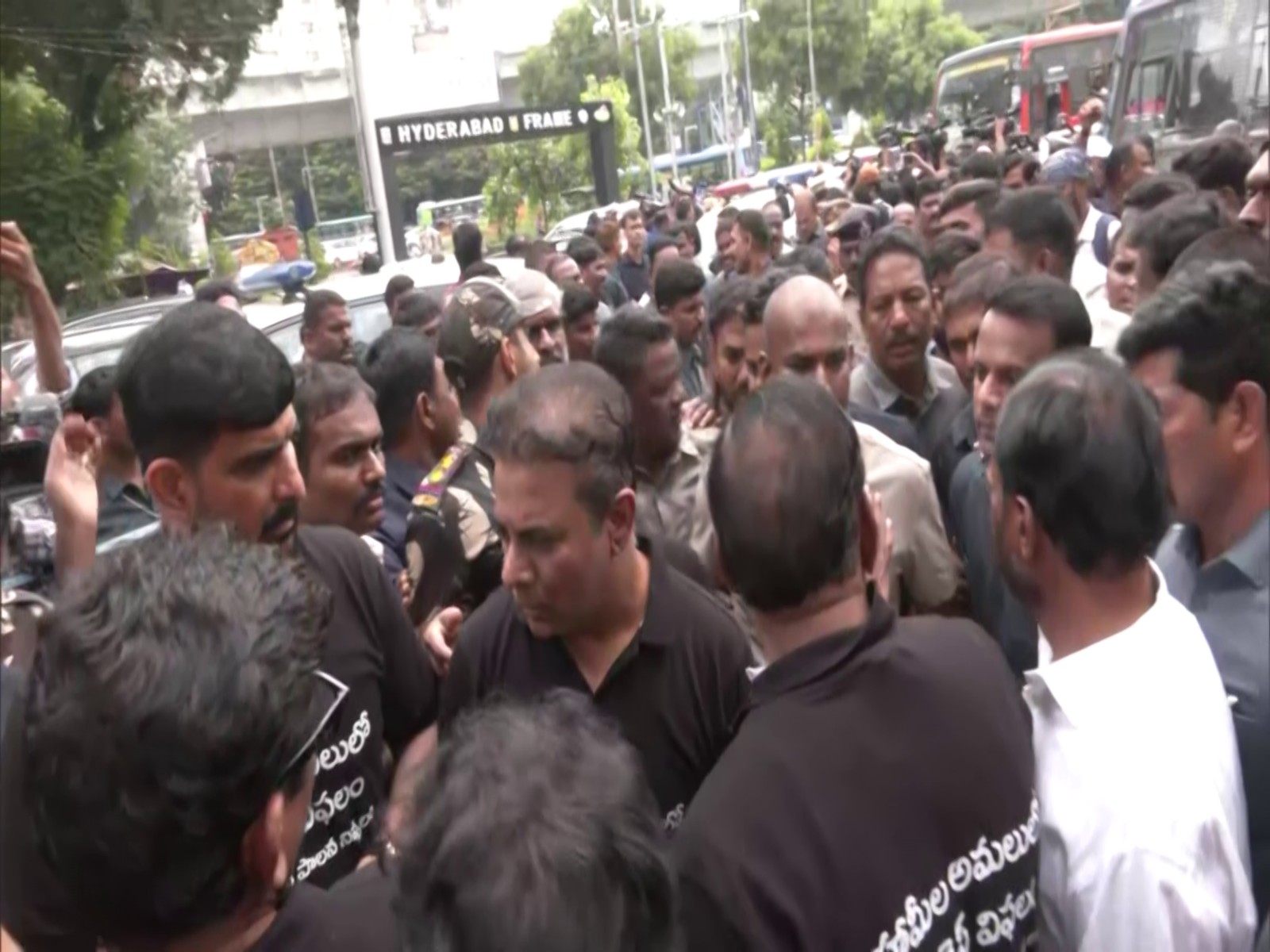 BRS chief KT Rama Rao during protest at Telangana Assembly gate (Photo/ANI)