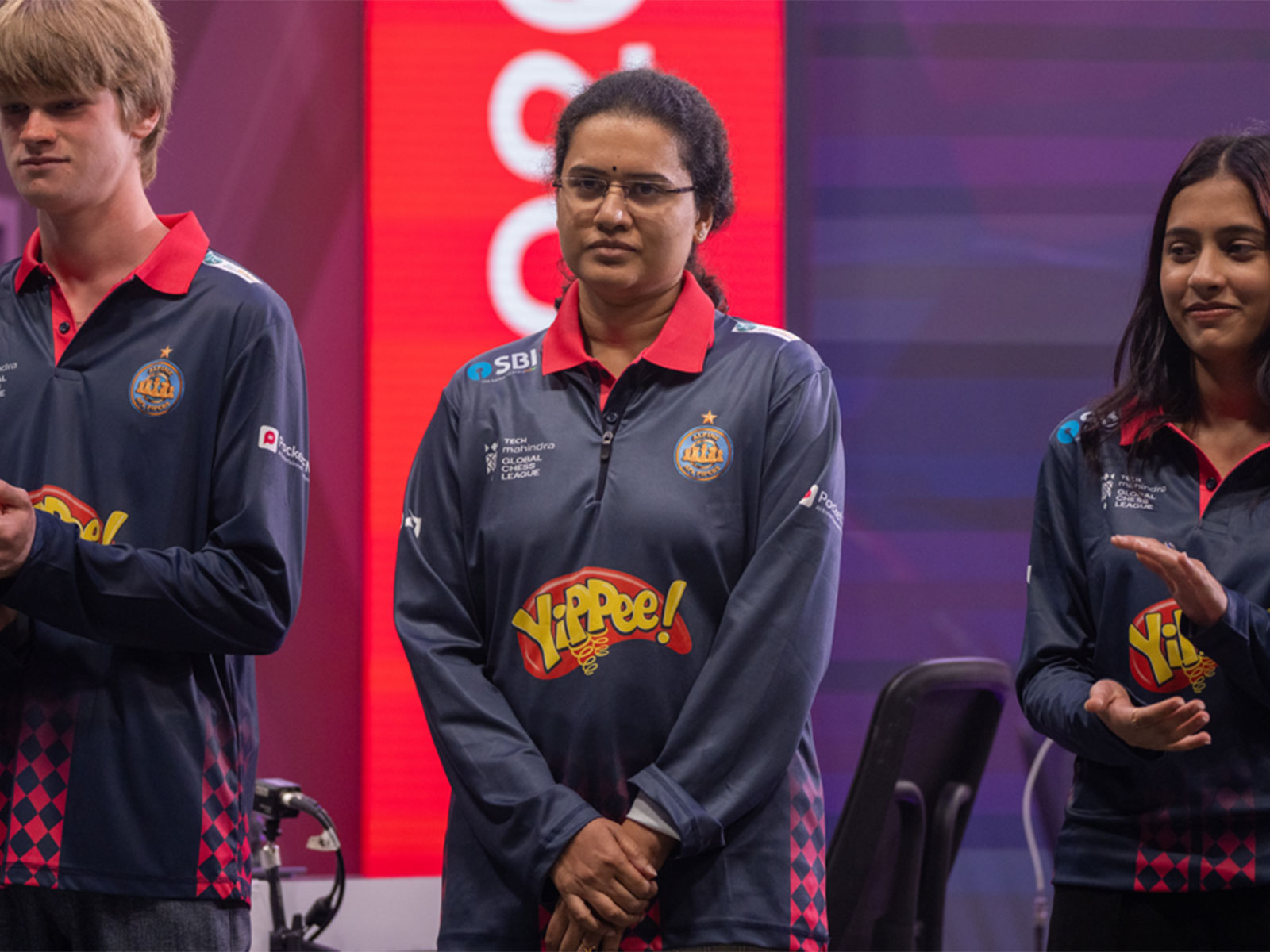 Volodar Murzin (left), Koneru Humpy (middle) and Divya Deshmukh (right) (Photo: ANI)