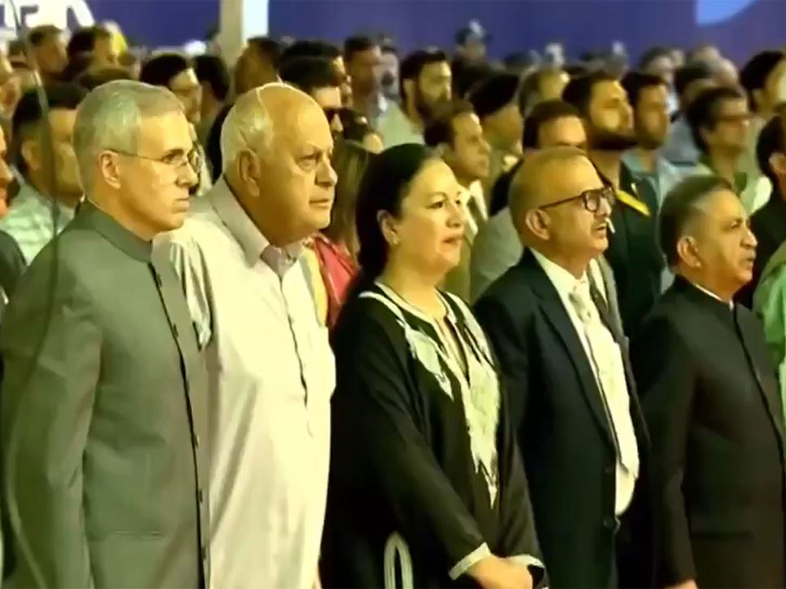 Chief Minister Omar Abdullah and National Conference president Farooq Abdullah stood through the full rendition of Vande Mataram (Photo: @kcvenugopalmp/ x)