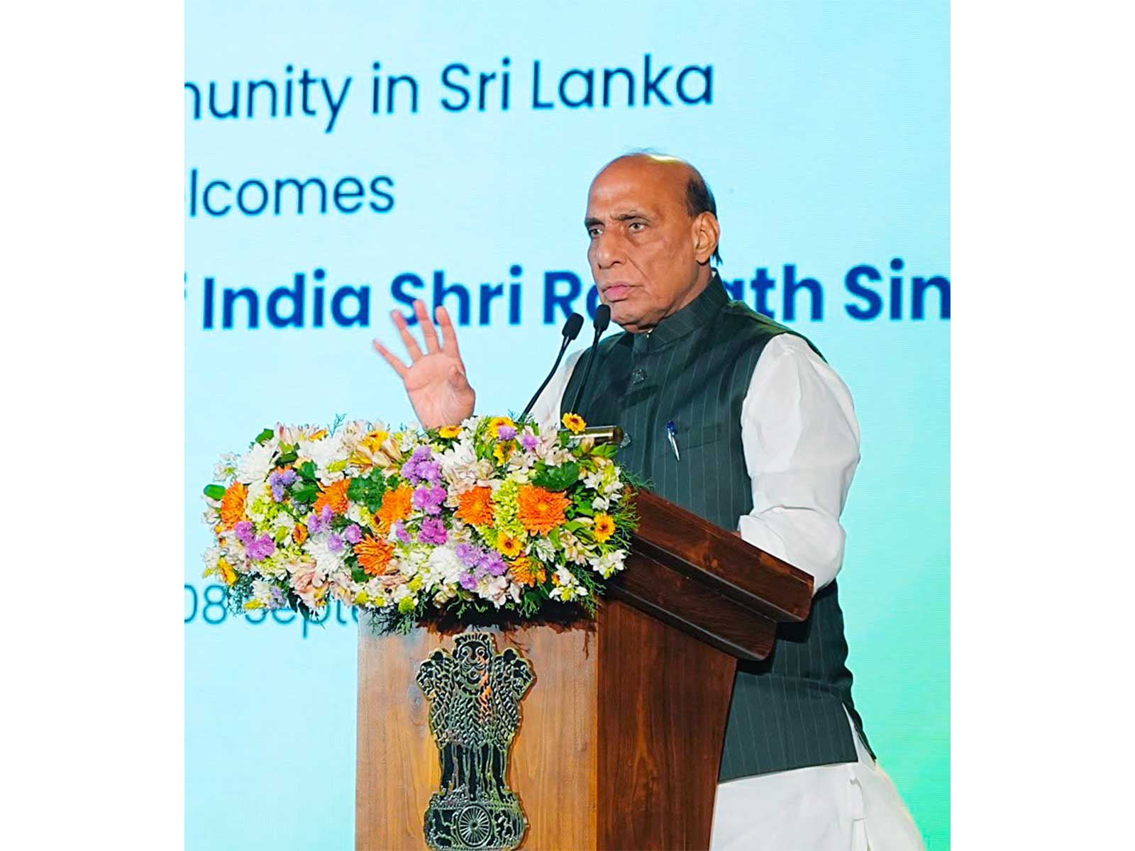 Defence Minister Rajnath Singh speaks during an Indian community event in Colombo, Sri Lanka (Photo/ANI)