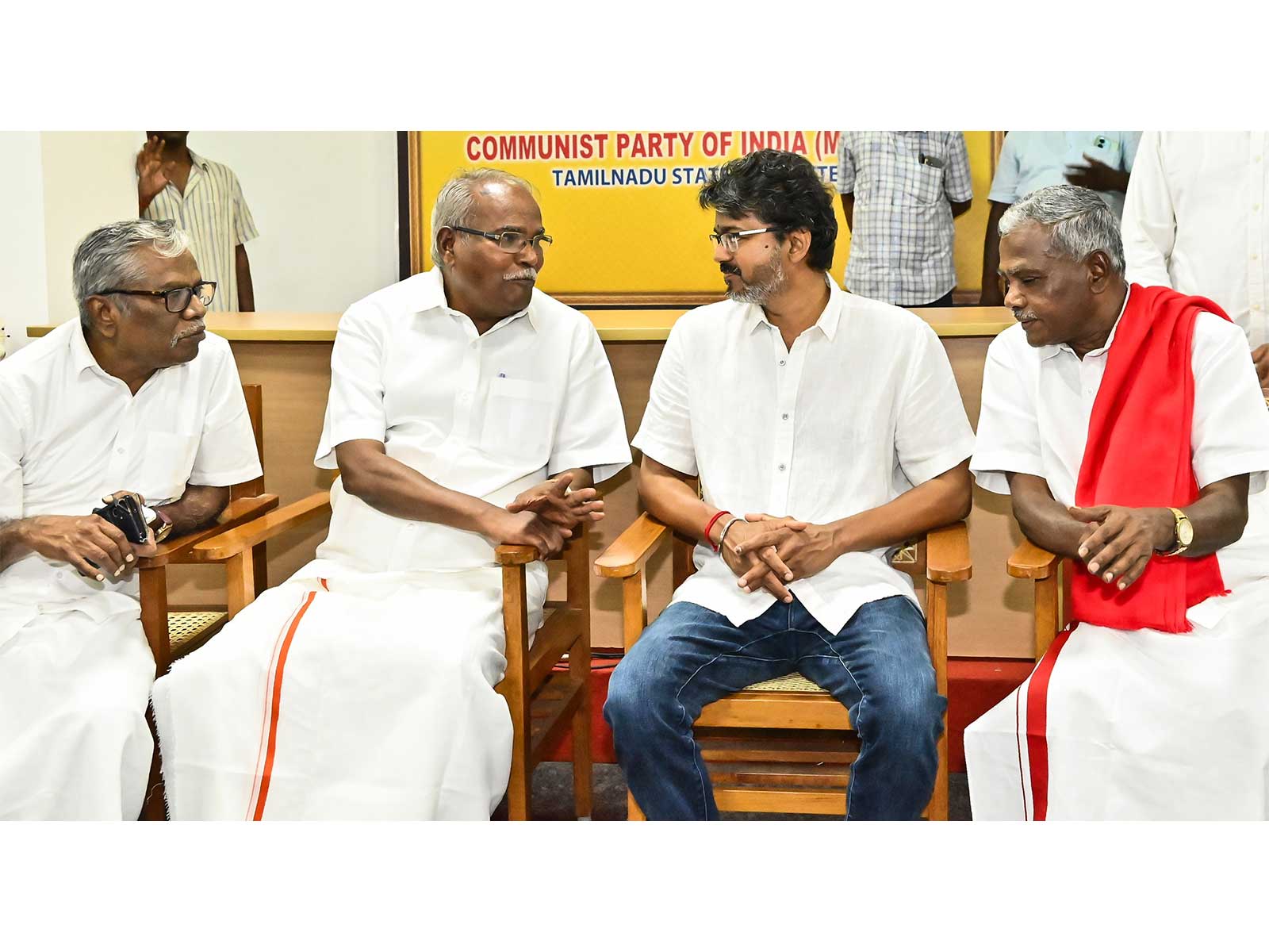 Tamil Nadu CM Vijay with CPIM leaders K Balakrishnan and P Shanmugam (File Photo/ANI)