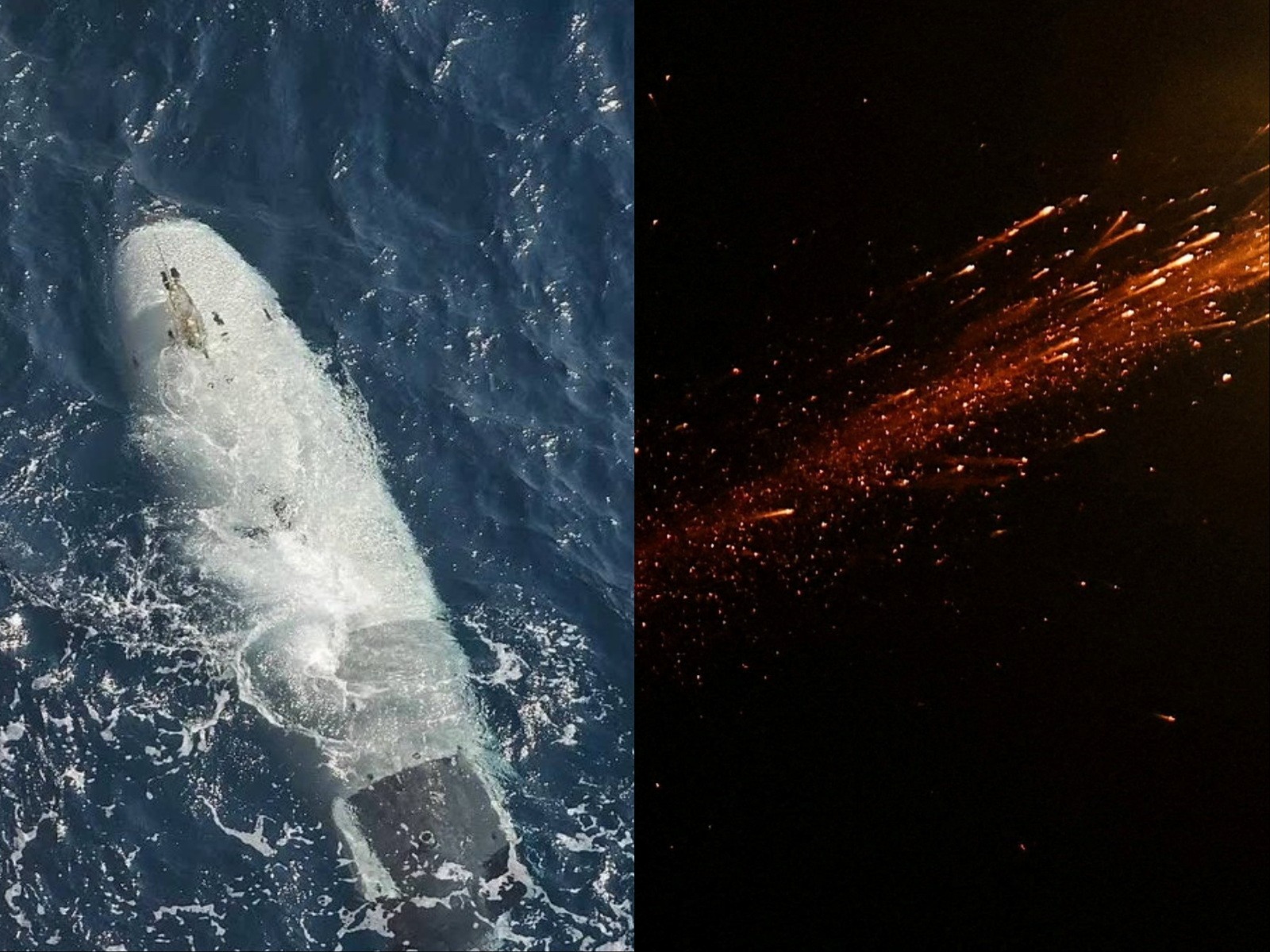 A combination image shows an uncrewed American submarine (left) and aerial defense interceptions during the missile exchange (right). (Photo: X/@IRANinMumbai/Reuters)