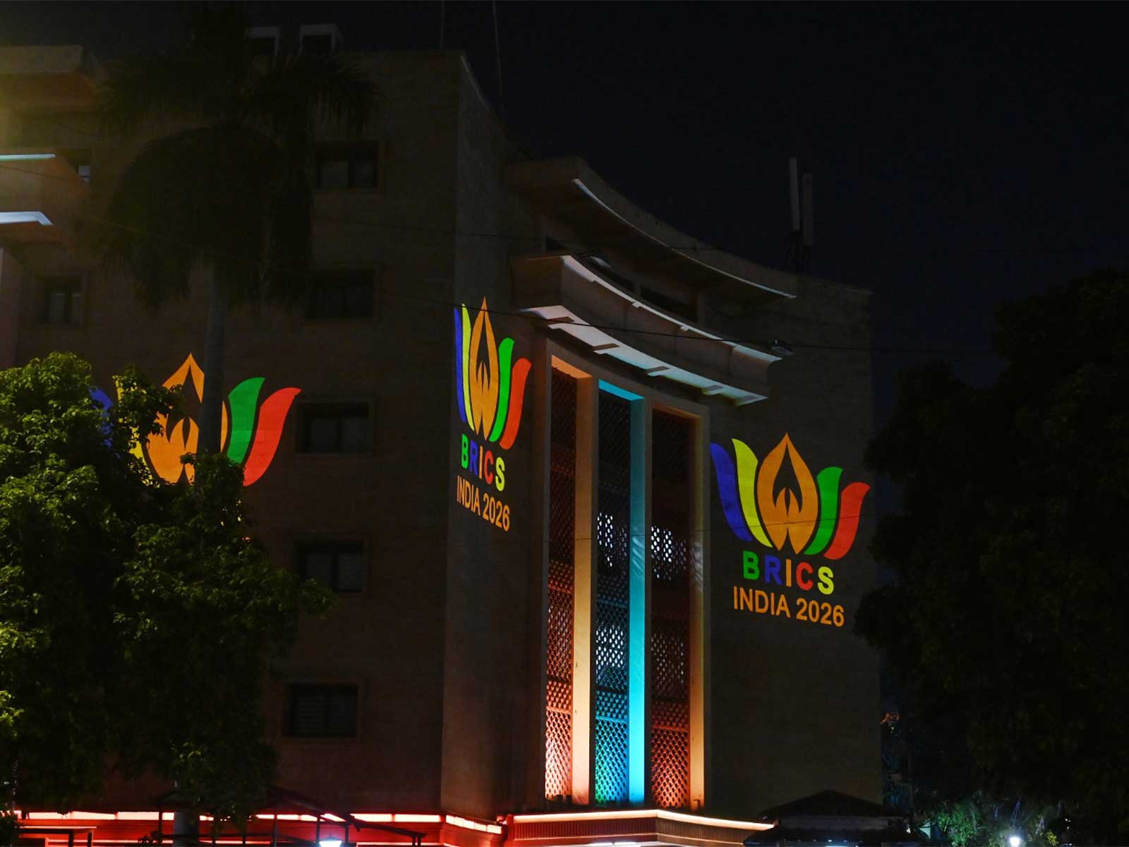 Rail Bhavan illuminates with decorative lighting and projection displays ahead of the BRICS India Summit 2026 (Photo/ANI)