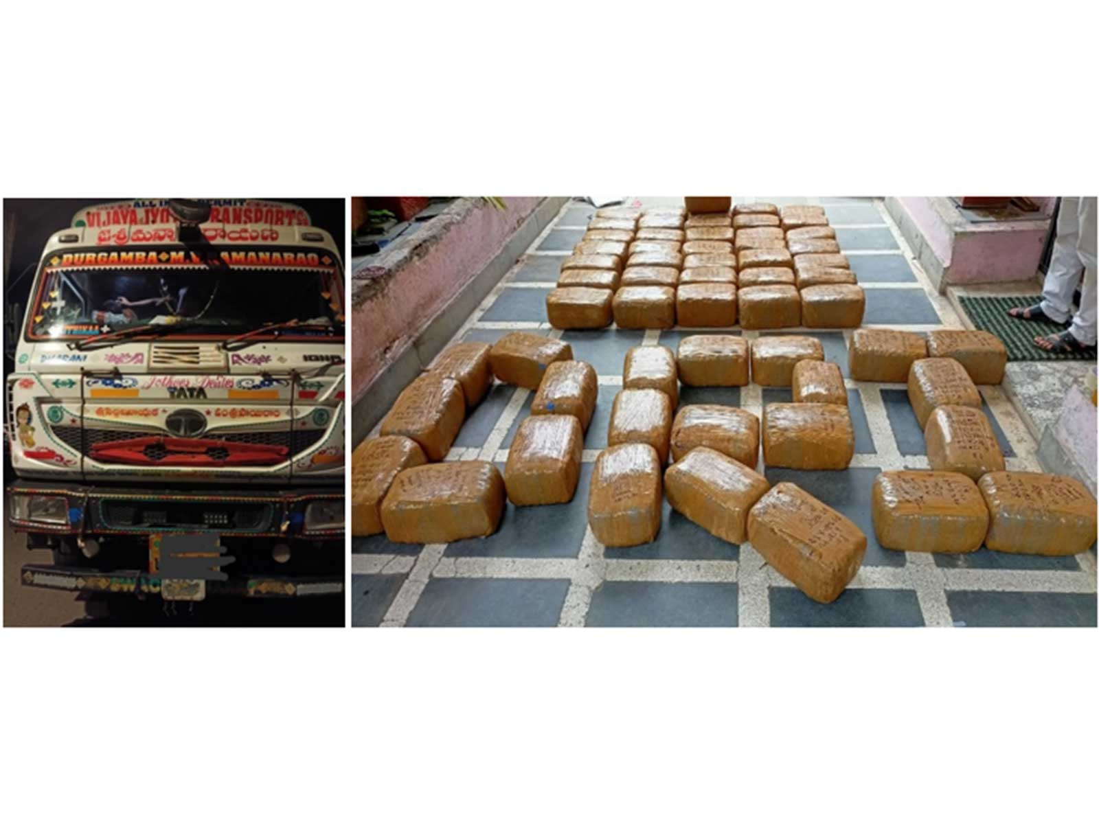 Seized truck and 375.95 kg cannabis at Raipur (Photo/PIB)