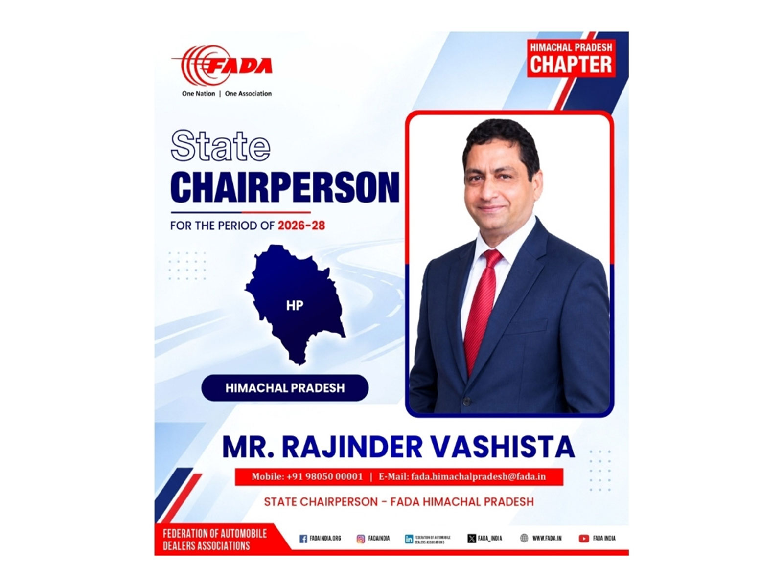 FADA congratulates Mr. Rajinder Vashista on his appointment as State Chairperson - FADA Himachal Pradesh for the period of 2026-28