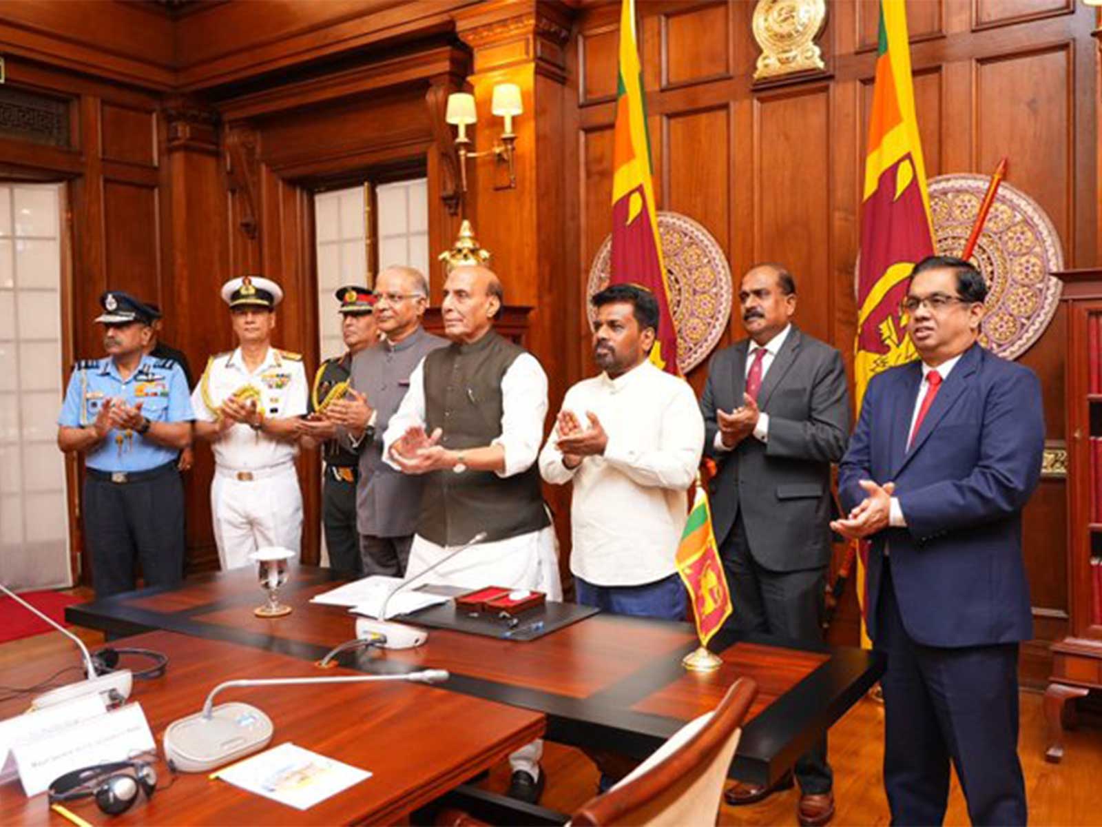Defence Minister Rajnath Singh with Sri Lankan President Anura Kumara Dissanayake and delegates during his visit to Colombo. (Photo: X/@rajnathsingh)