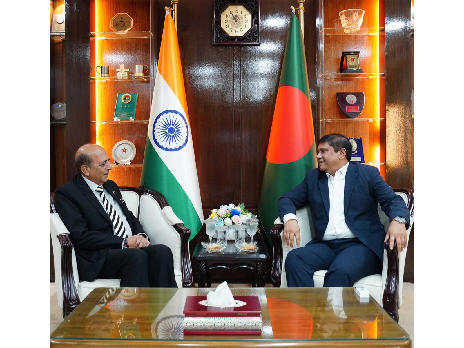 Indian High Commissioner to Bangladesh Dinesh Trivedi with Bangladesh Prime Minister Tarique Rahman's Defence Advisor, Brigadier General (Retd) AKM Shamsul Islam (Photo/Bangladesh ISPR)