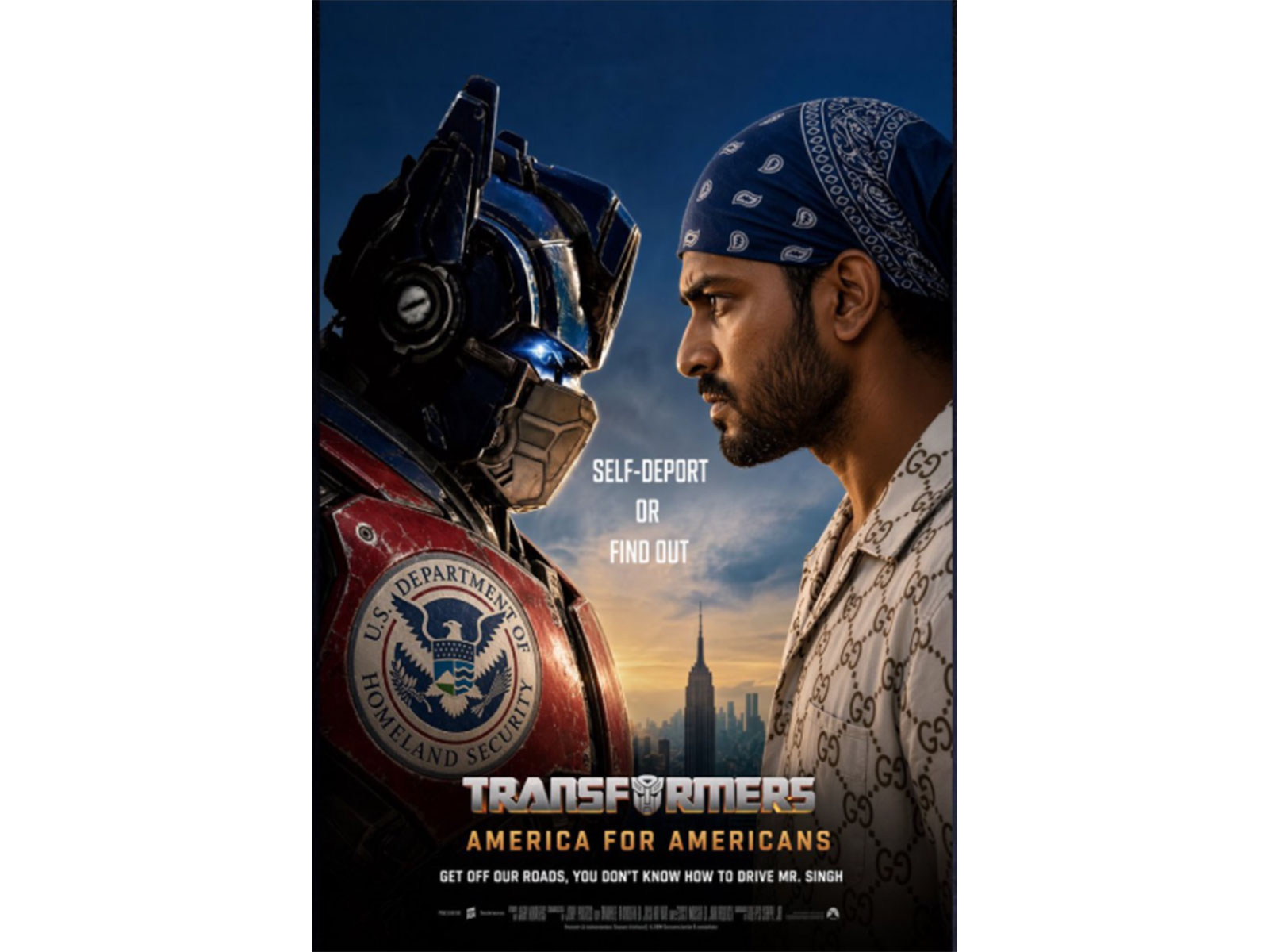 Post shared by US Department of Homeland Security which shows a Sikh man "Mr Singh" facing off against Optimus Prime (Photo/X@GovPressOffice)