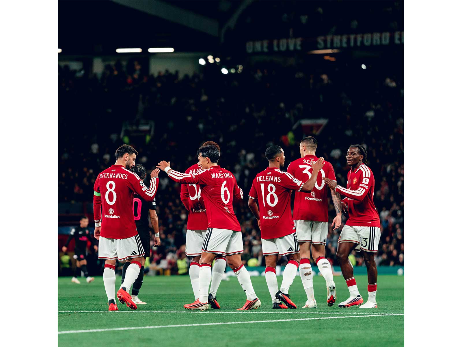 Manchester United players celebrating after a goal against Sabah FK in the UCL. (Photo: X / @ManUtd)