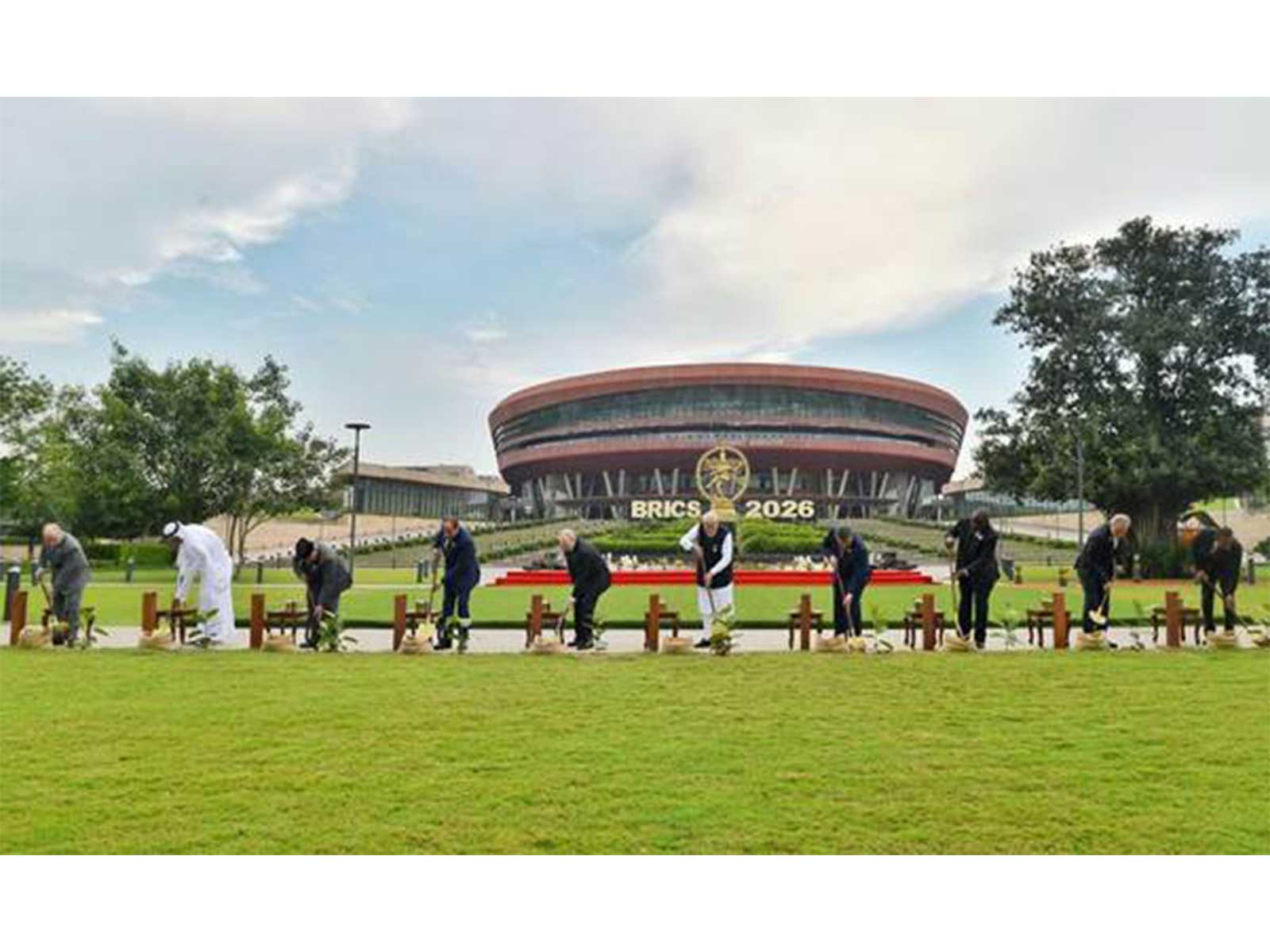 Prime Minister Narendra Modi and other BRICS leaders planted saplings together at Bharat Mandapam in New Delhi on September 12, 2026, during the 18th BRICS Summit (Photo: PIB/AYUSH)