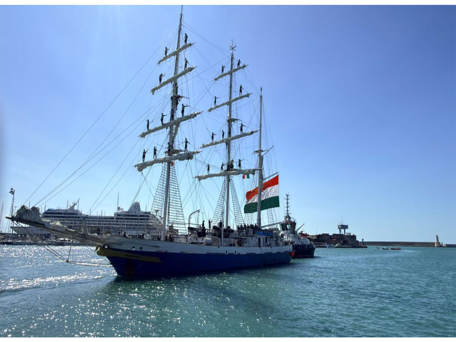 INS Sudarshini sails through Livorno port during its port call in Italy. (Image Source: Ministry of Defence)