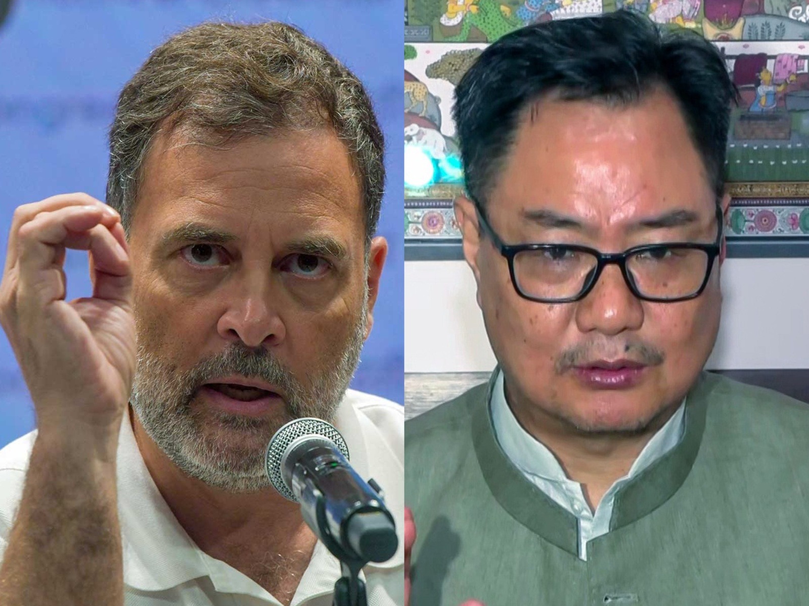 LoP Lok Sabha Rahul Gandhi (L) and Union Minister Kiren Rijiju (R) (File Photo/ANI)