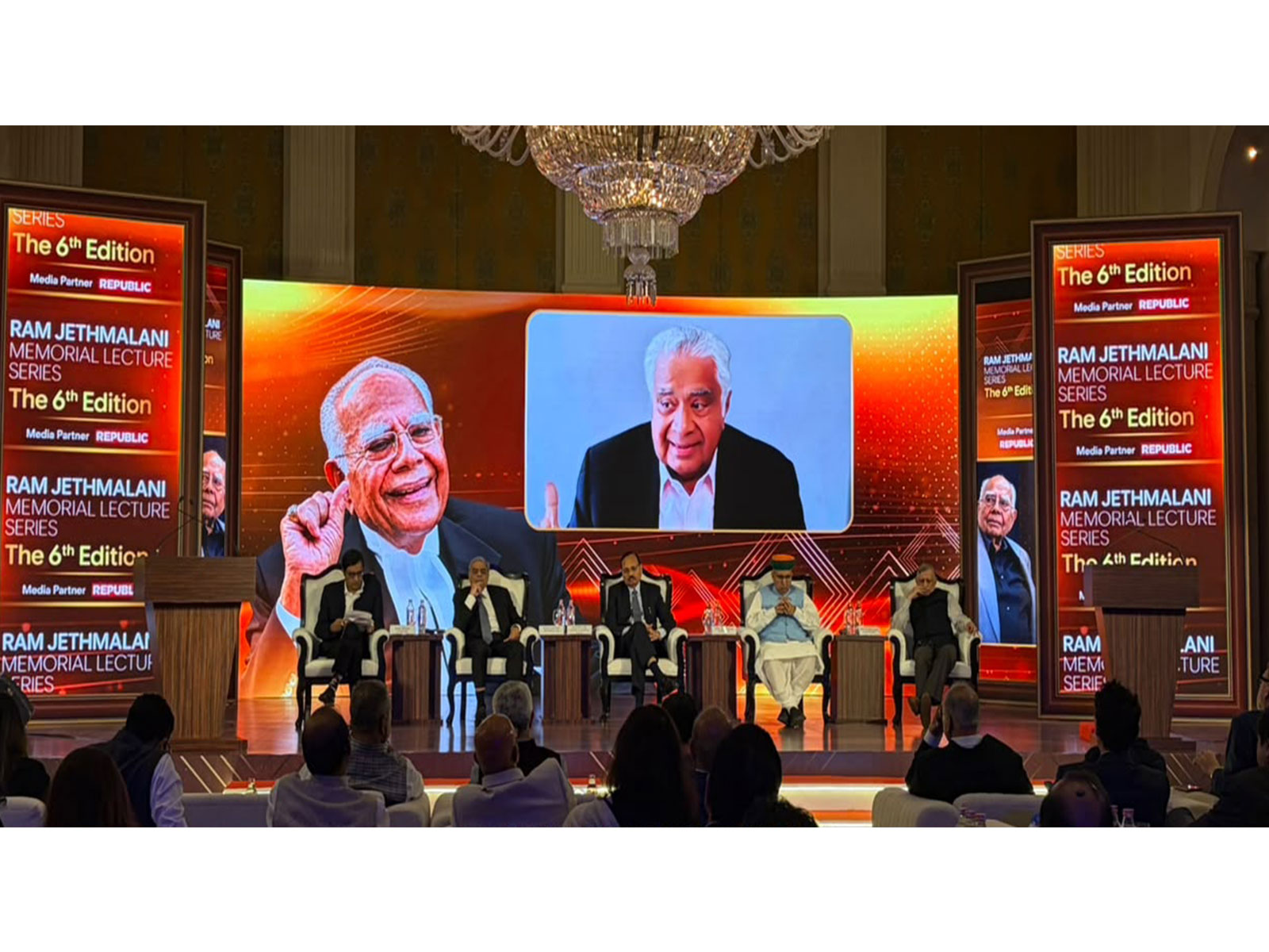 Senior Advocate Mahesh Jethmalani, Union Minister of Law and Justice Arjun Ram Meghwal, and Chief Justice of India (CJI) Surya Kant at the 6th edition of the Ram Jethmalani Memorial Lecture Series (Photo/ANI)
