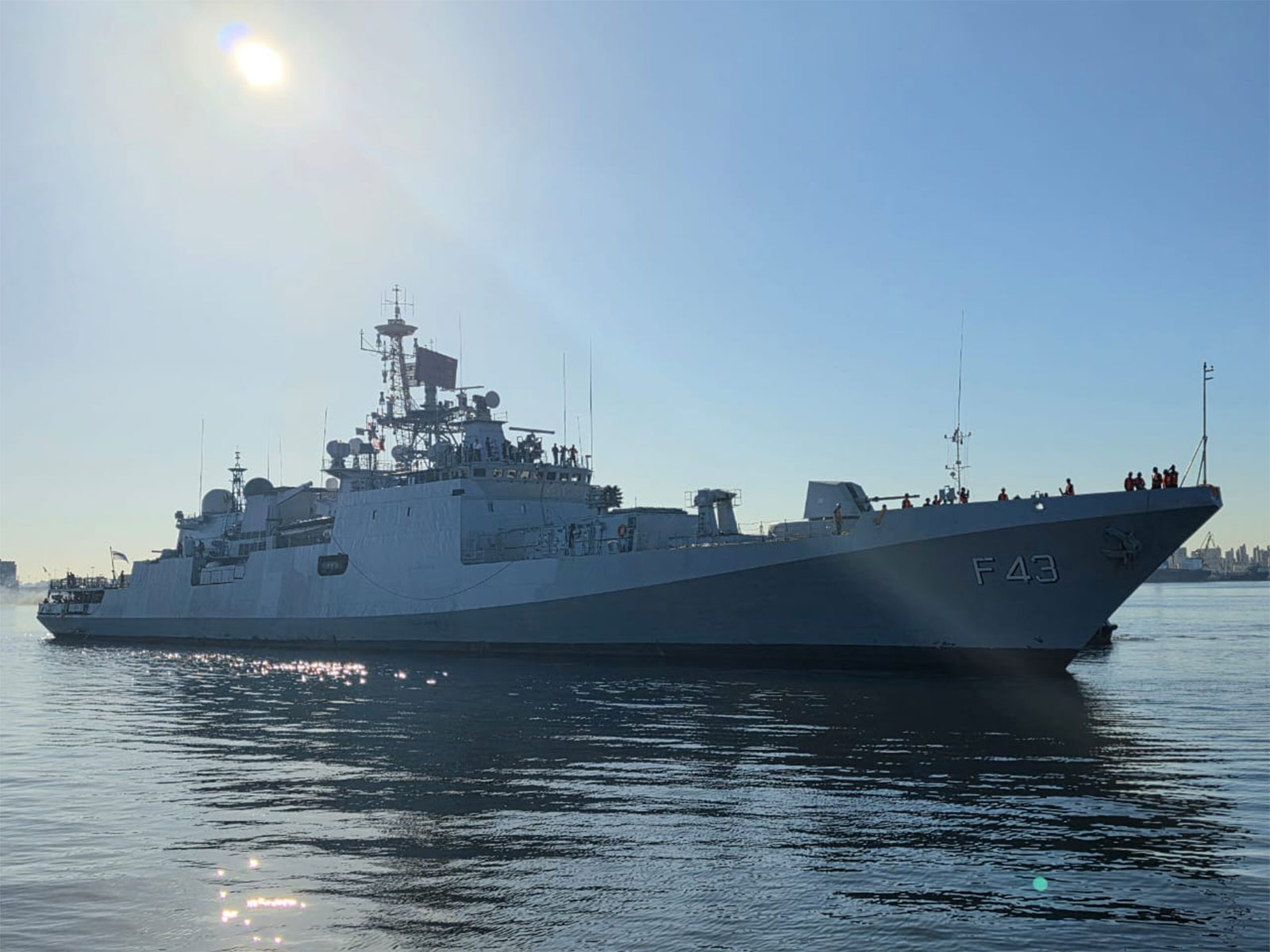 Indian Naval Ship (INS) Trishul, a frontline Talwar-class guided missile frigate of the Indian Navy, arrives at Alexandria Naval Base in Egypt. (Photo: X/@indembcairo)