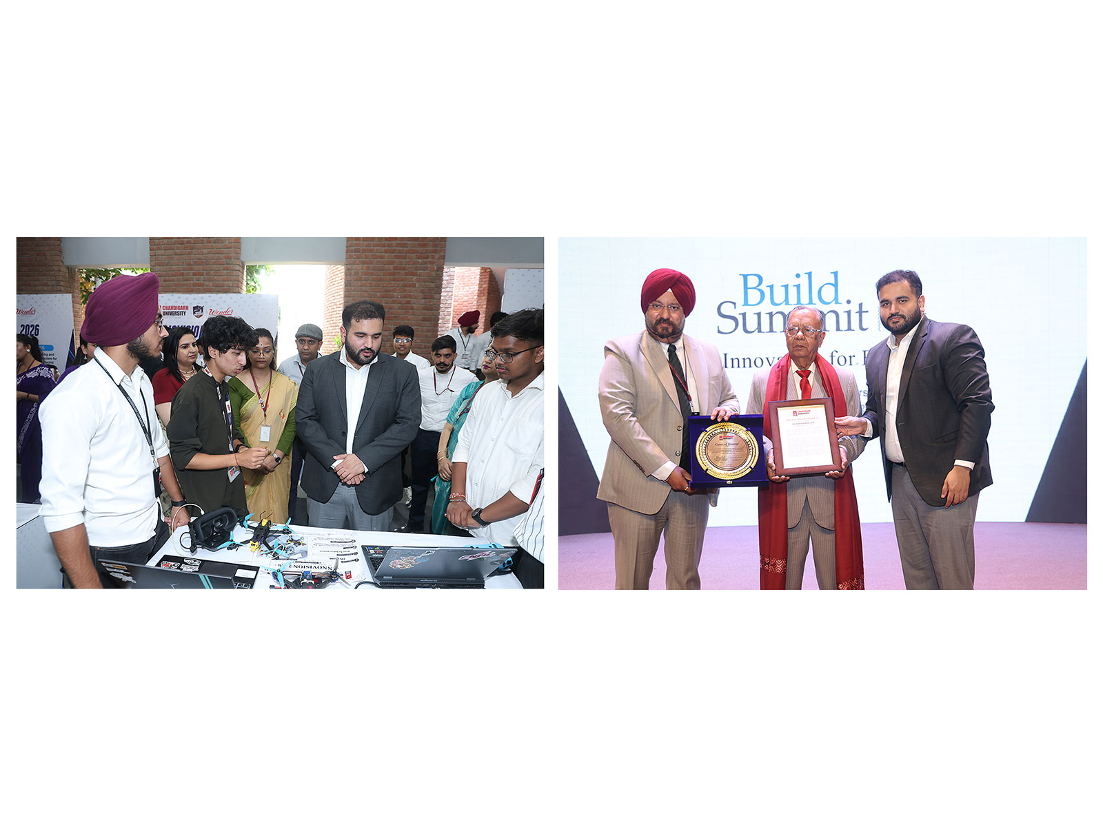 Managing Director Chandigarh University Jai Inder Sandhu taking tour of the startups and honoring noted Civil Engineer R K Jain with Bharat Nirman Samman Award