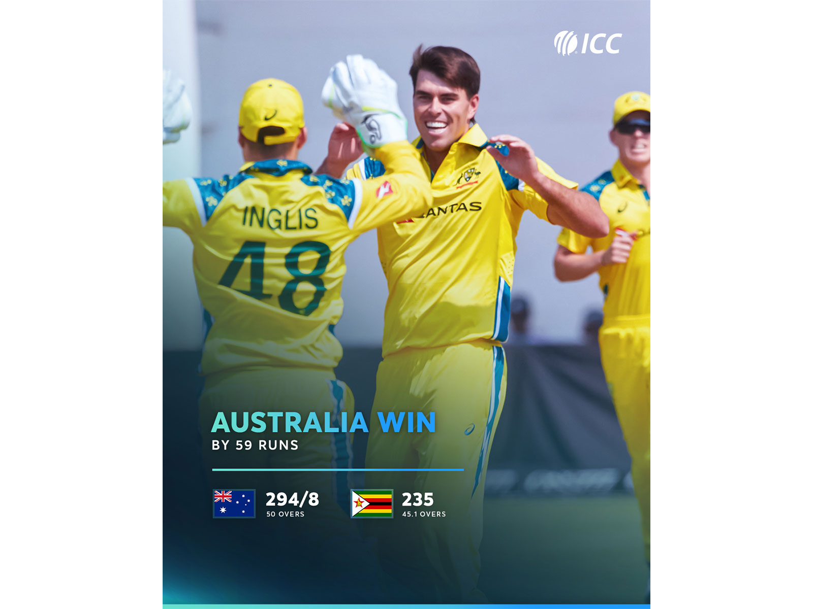 Australia clinched 59-run win over Zimbabwe in 1st ODI. (Photo: X/@ICC)