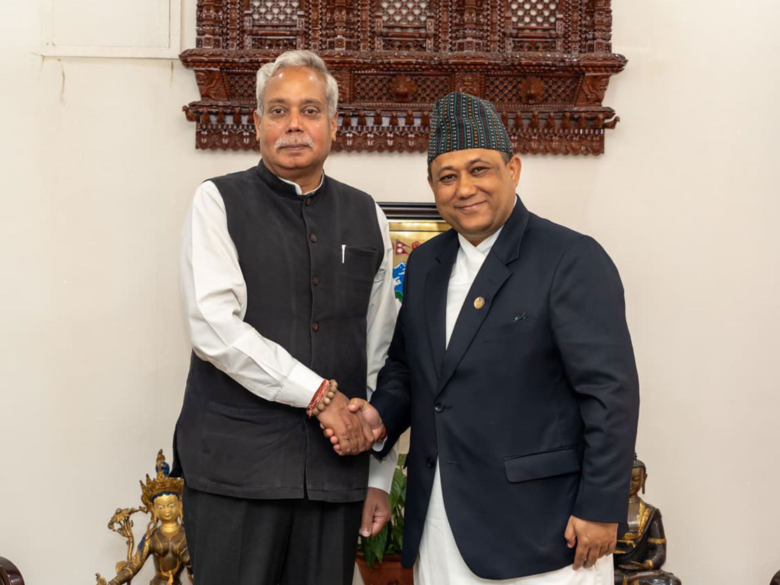Nepal's Foreign Affairs Minister Shisir Khanal with Indian Ambassador to Nepal Naveen Srivastava (Photo/X/@navsri6619)