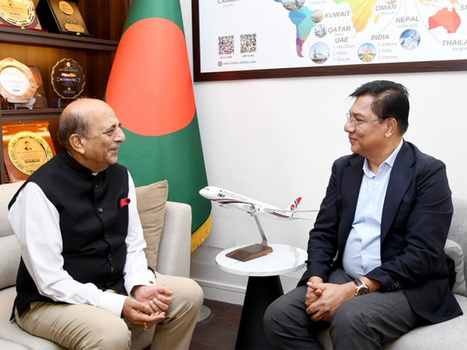 India's High Commissioner to Bangladesh, Dinesh Trivedi, with Bangladesh's Minister of Civil Aviation and Tourism, M Rashiduzzaman Millat, in Dhaka. (Photo: X/@ihcdhaka)