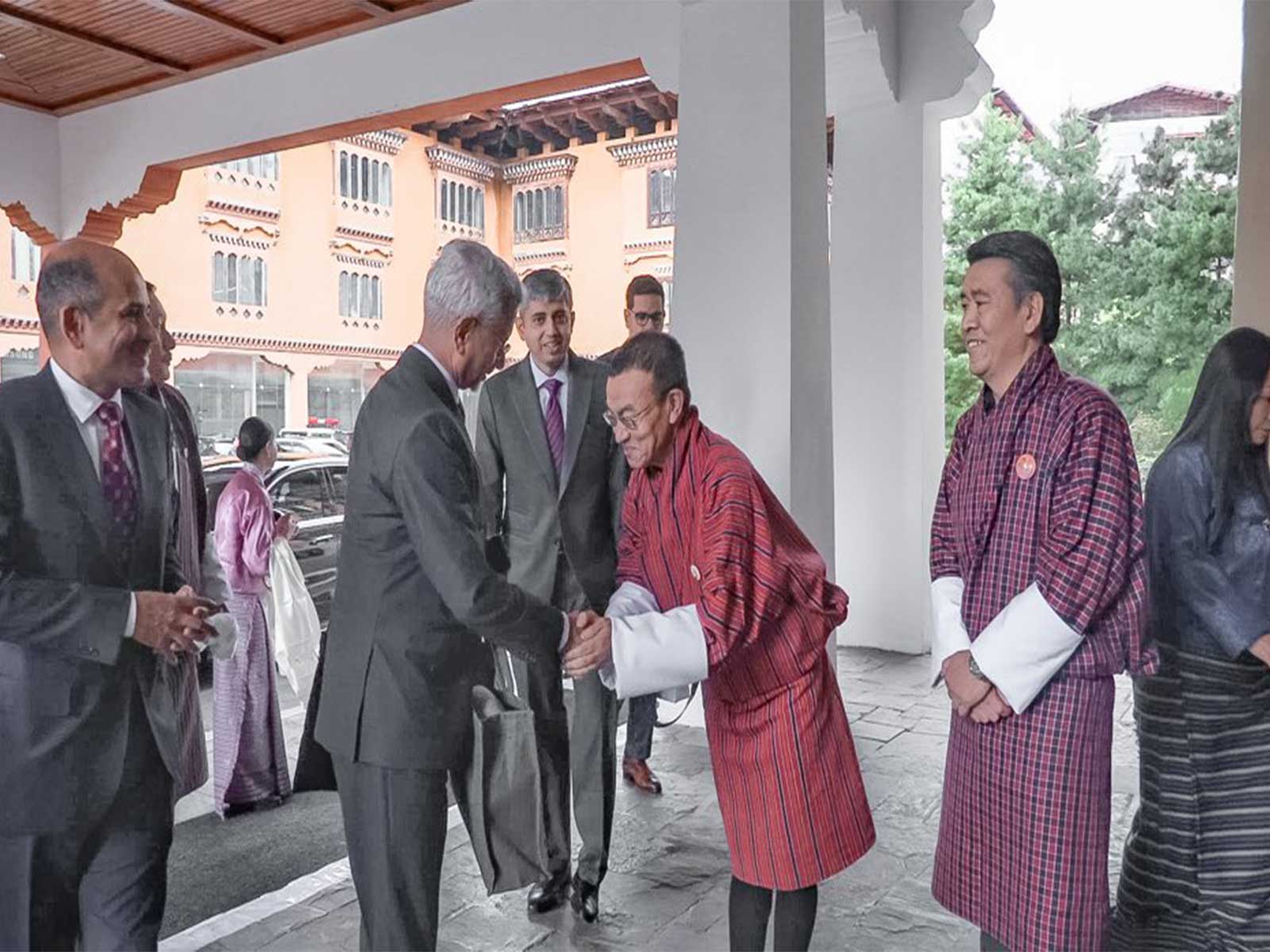 External Affairs Minister S Jaishankar warm welcome from Bhutan Finance Minister Lyonpo Lekey Dorji [On Right] (Photo/X/@DrSJaishankar)