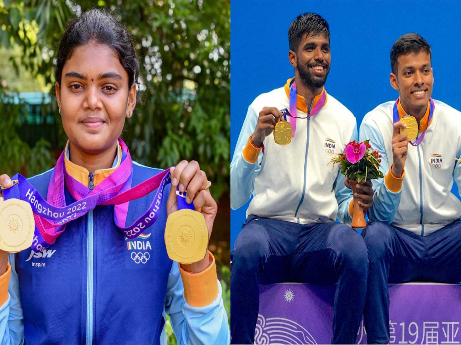 Jyothi Surekha Vennam (L), and Badminton duo Satwiksairaj Rankireddy and Chirag Shetty (R), pose with their Asian Games 2023 gold medals (File Photo/ANI)