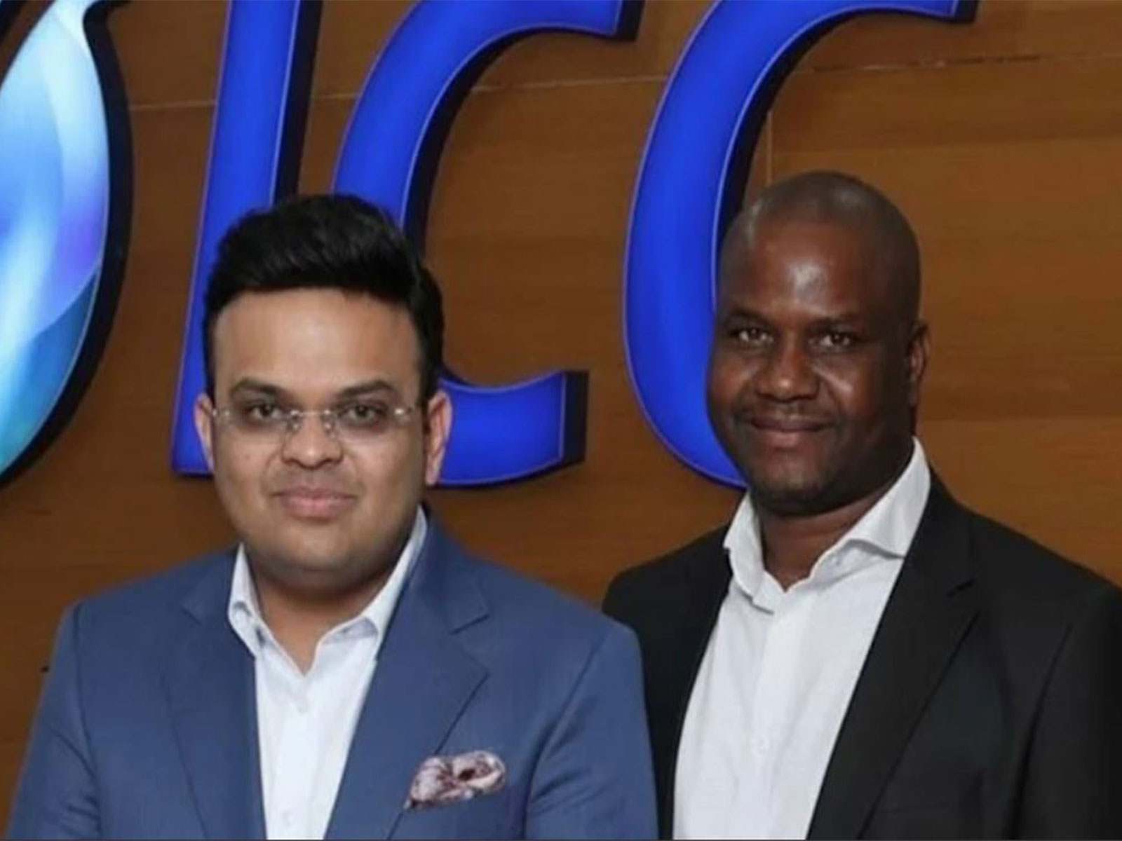 ICC President Jay Shah (L) with Tavengwa Mukuhlani. (Photo: X/ @ICC)