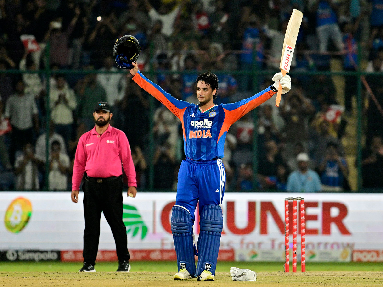 Abhishek Sharma celebrating his century during third T20I against Afghanistan (Photo: ANI)