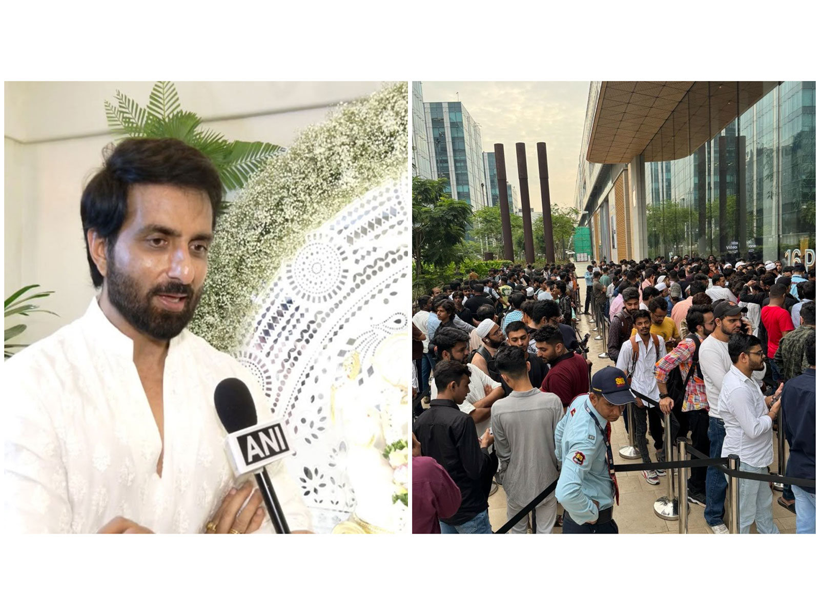 Actor Sonu Sood (L) People standing outside store (R) (Photos/ANI/X/@SonuSood)