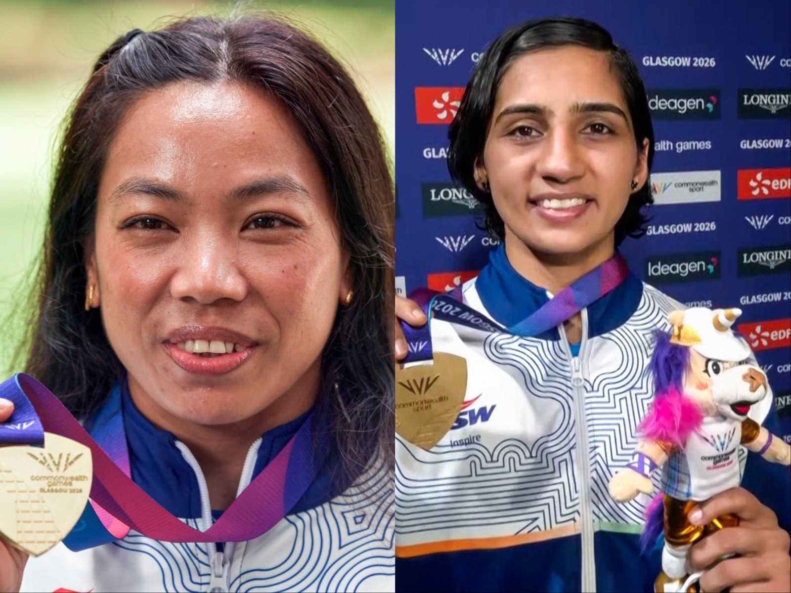 Mirabai Chanu (L) and Preeti Pawar (R) poses with their CWG 2026 gold medal (File Photo/ANI)