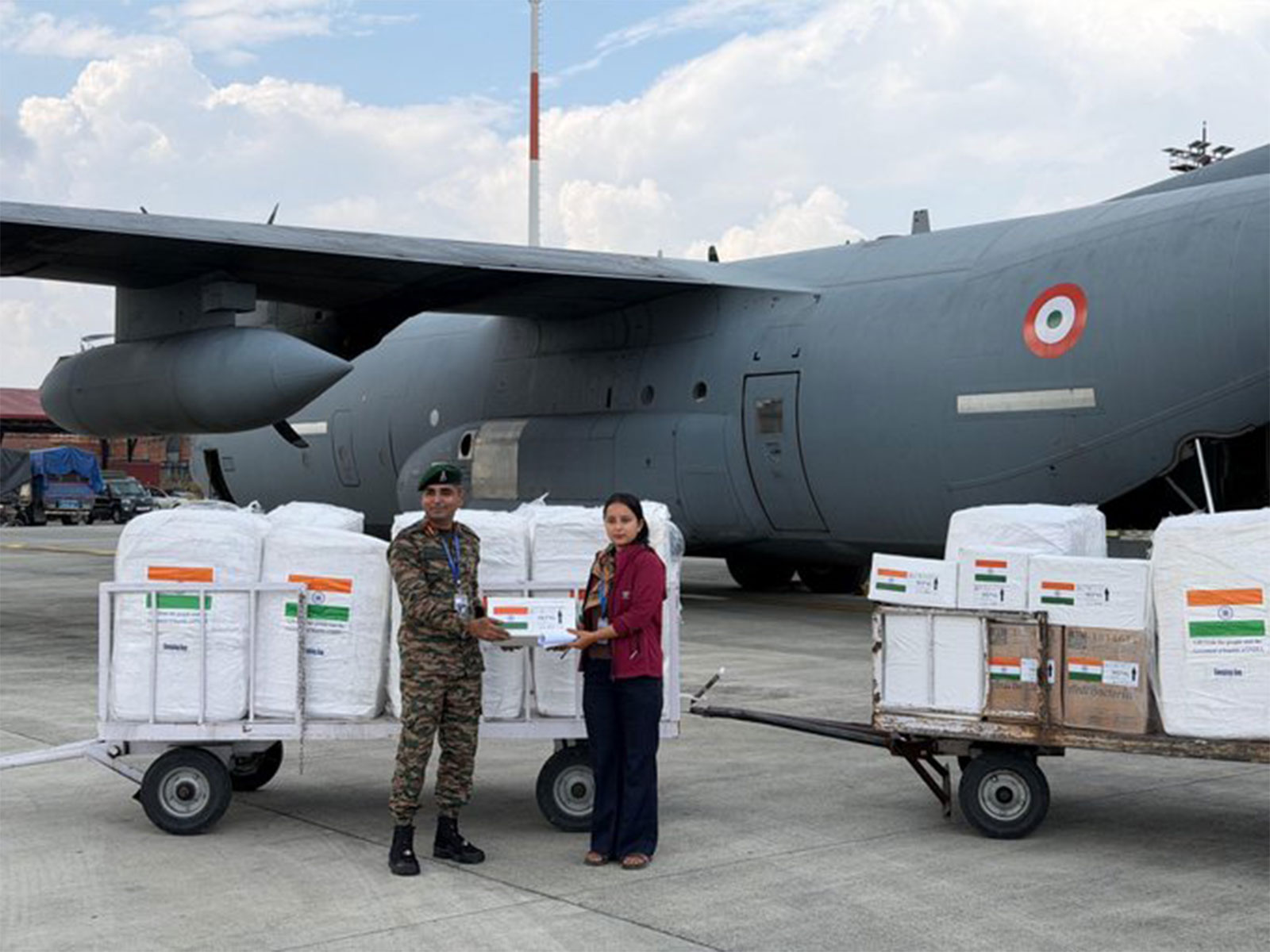 Indian Air Force personnel hand over relief supplies to Nepal following the catastrophic floods, with 11 tonnes of essential materials delivered from New Delhi. (Photo: X/@MEAIndia)