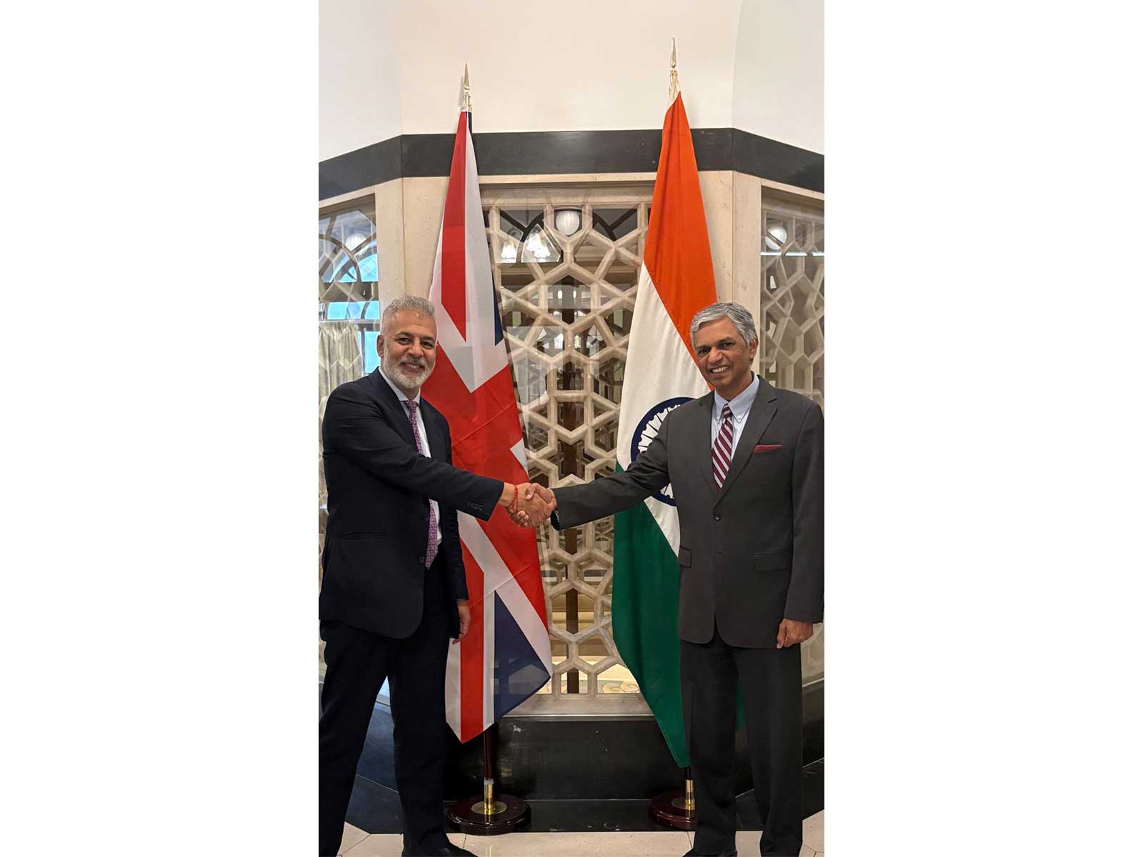Indian High Commissioner to the UK, Priyasamy Kumaran, meets Lord Krish Raval, Member of the House of Lords, to discuss strengthening the India-UK bilateral partnership. (Photo/X/@HCI_London)