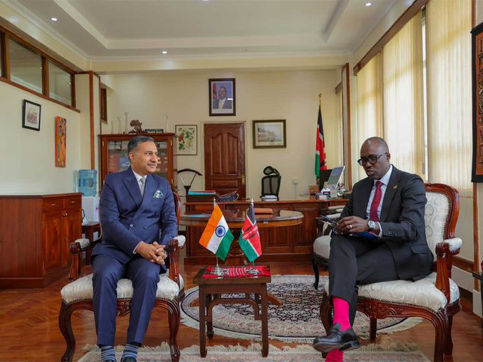 Indian High Commissioner to Kenya Adarsh Swaika meets Kenyan Principal Secretary for Foreign Affairs Korir Sing’Oei. (Photo: X/@IndiainKenya)