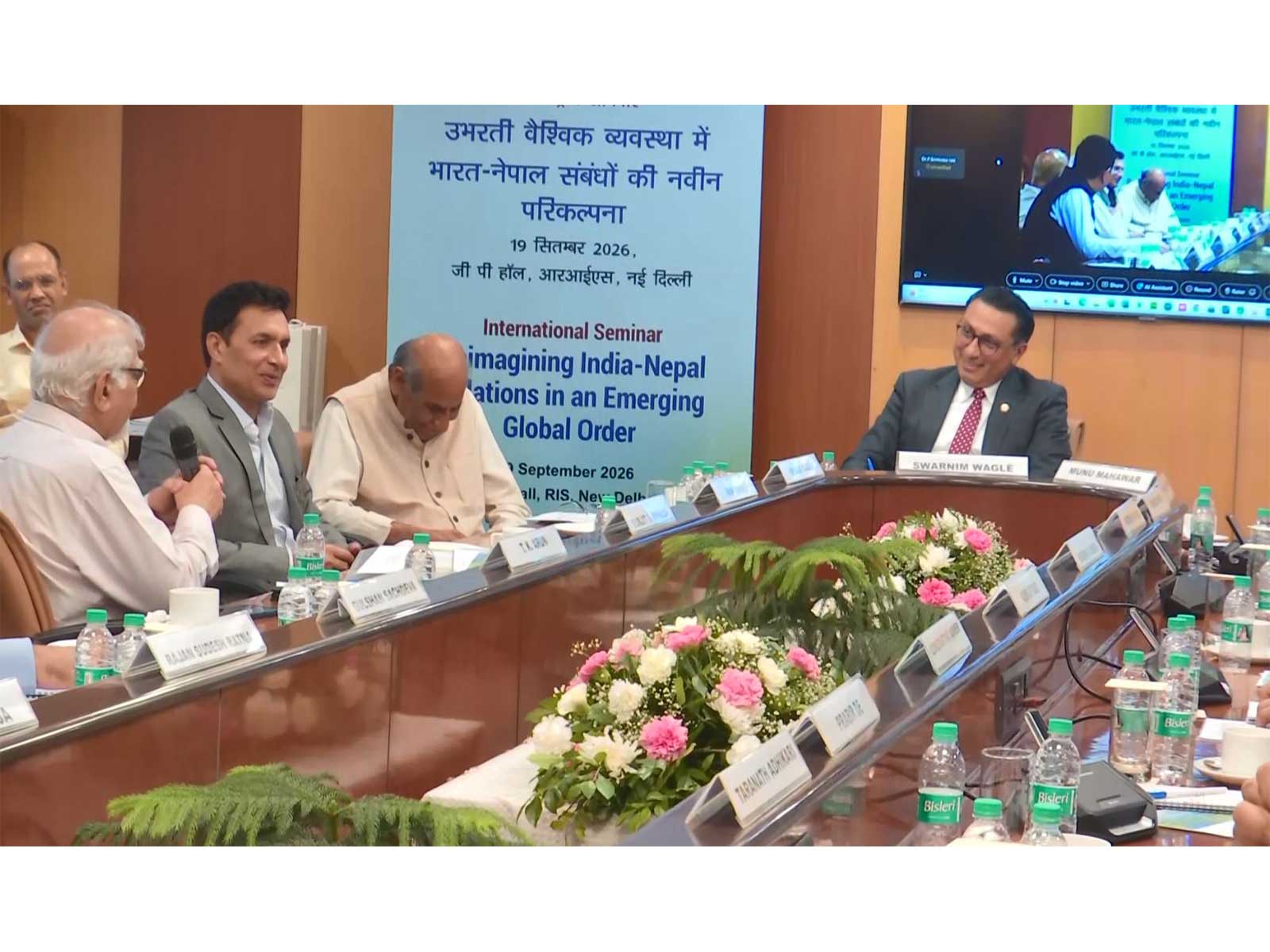 Nepalese Finance Minister Swarnim Wagle and MEA Additional Secretary (North) Munu Mahawar attend the international seminar on India-Nepal relations in New Delhi. (Photo/ANI)