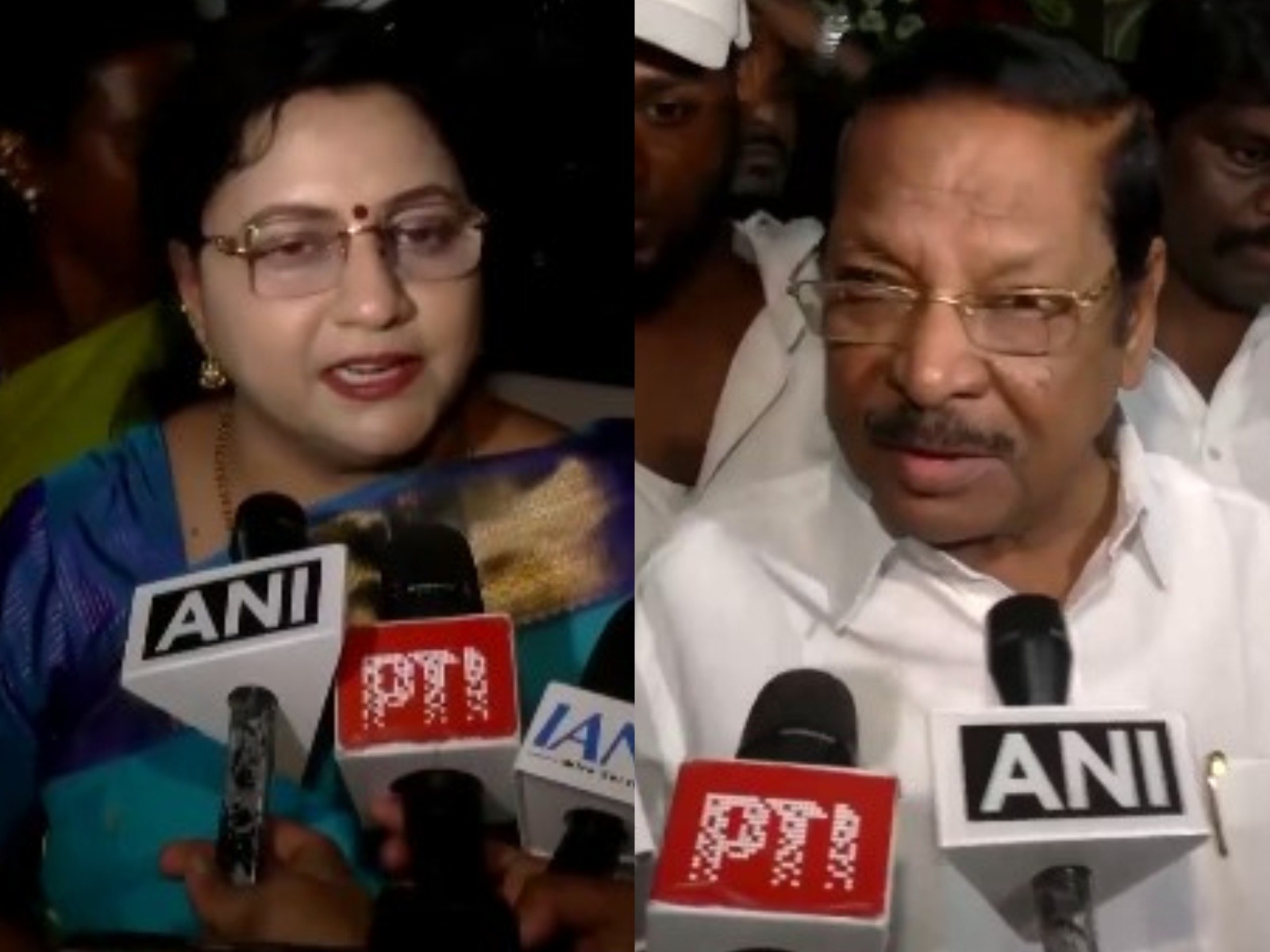 DMK leader and spokesperson Kanimozhi NVN Somu (L) and DMK Organising Secretary RS Bharathi (R) (Photo/ANI)