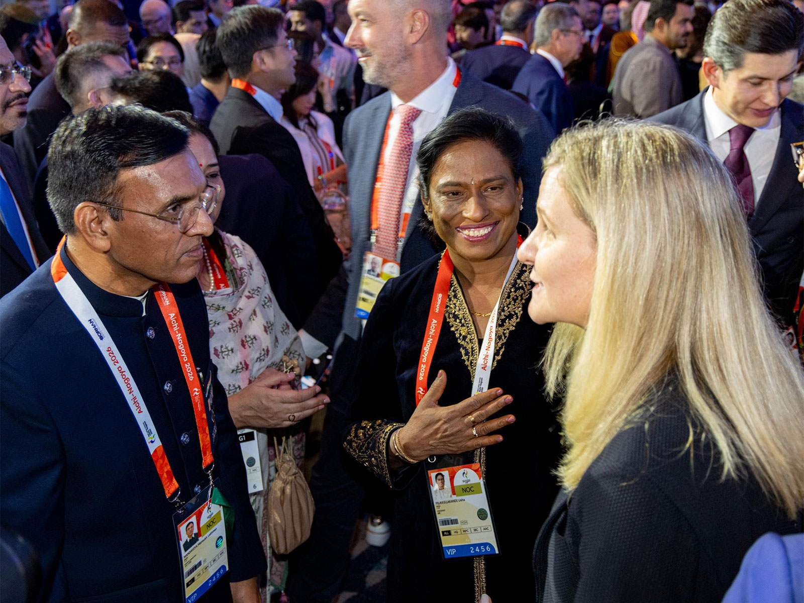 IOA President PT Usha with Union Sports Minister Mansukh Mandaviya and IOC President Kirsty Coventry during the Asian Games 2026 opening ceremony (Photo: X/@PTUshaOfficial)